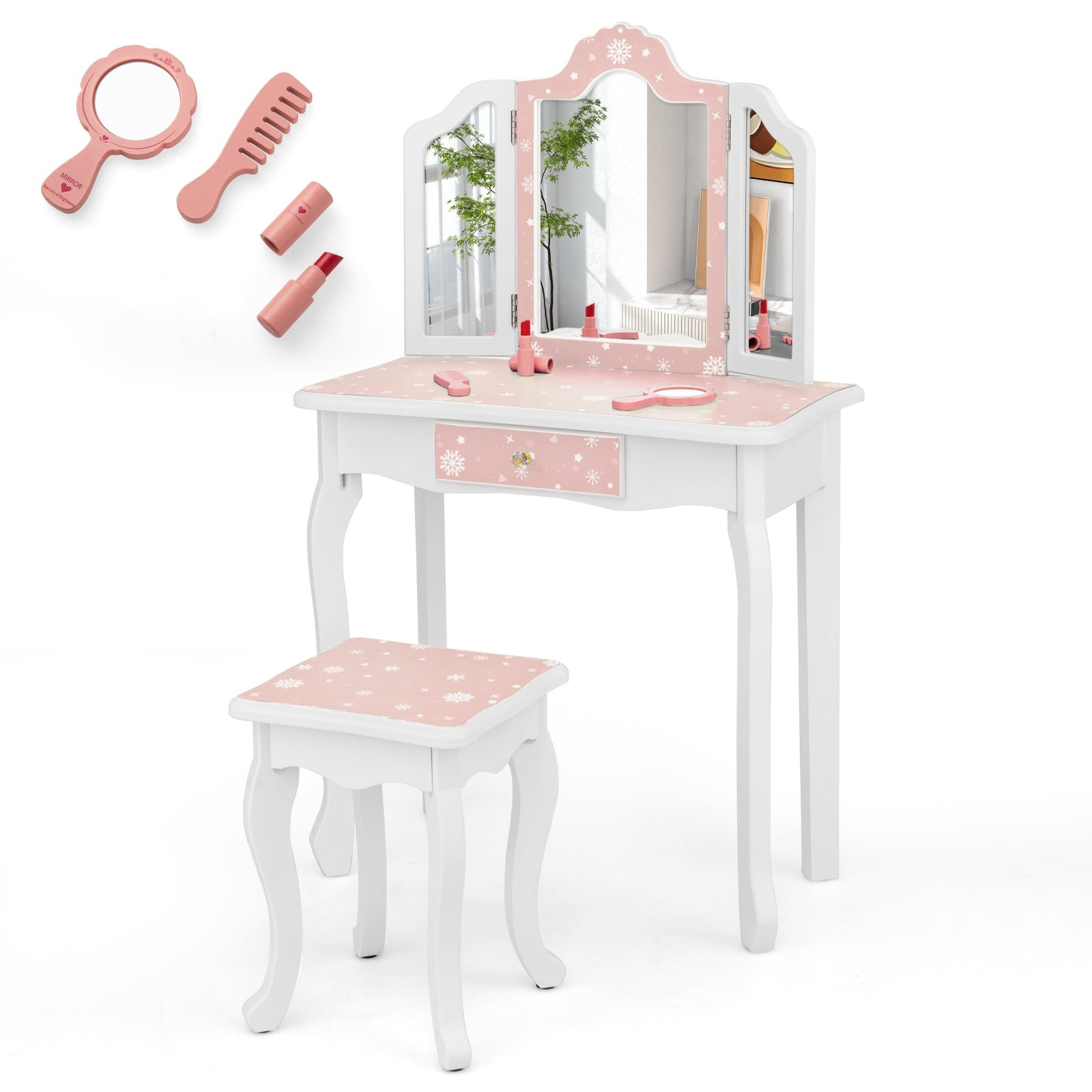 Princess Pretend Play Makeup Table, Stool Set, Tri-Folding Mirror, Pink Kids Vanities at Gallery Canada