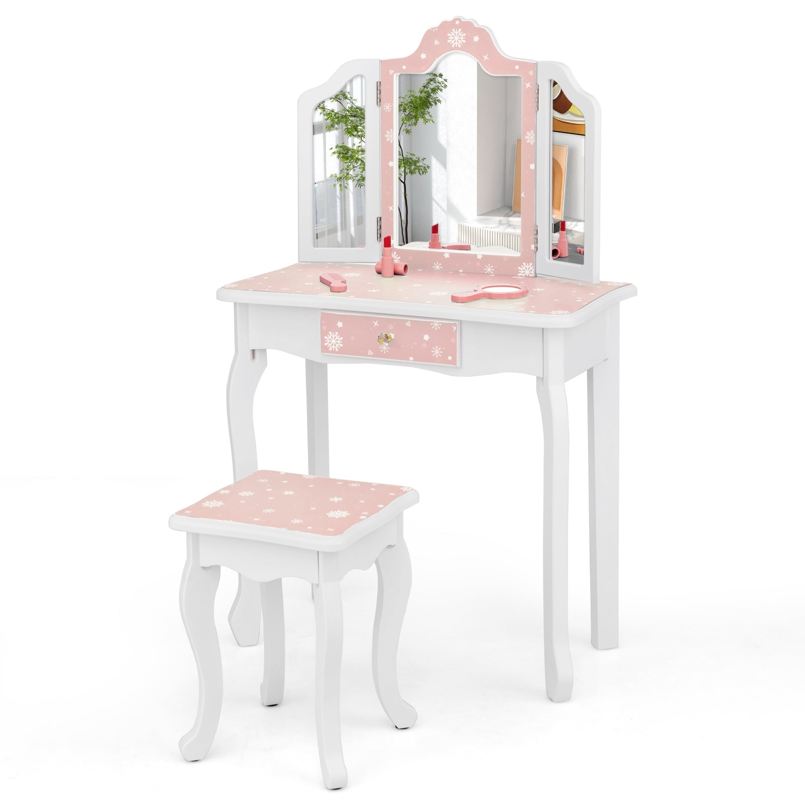 Princess Pretend Play Makeup Table, Stool Set, Tri-Folding Mirror, Pink Kids Vanities at Gallery Canada