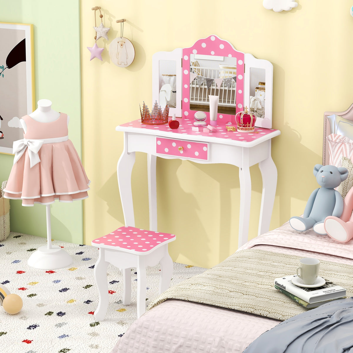 Princess Pretend Play Makeup Dressing Table, Polka Dot, Pink Kids Vanities at Gallery Canada