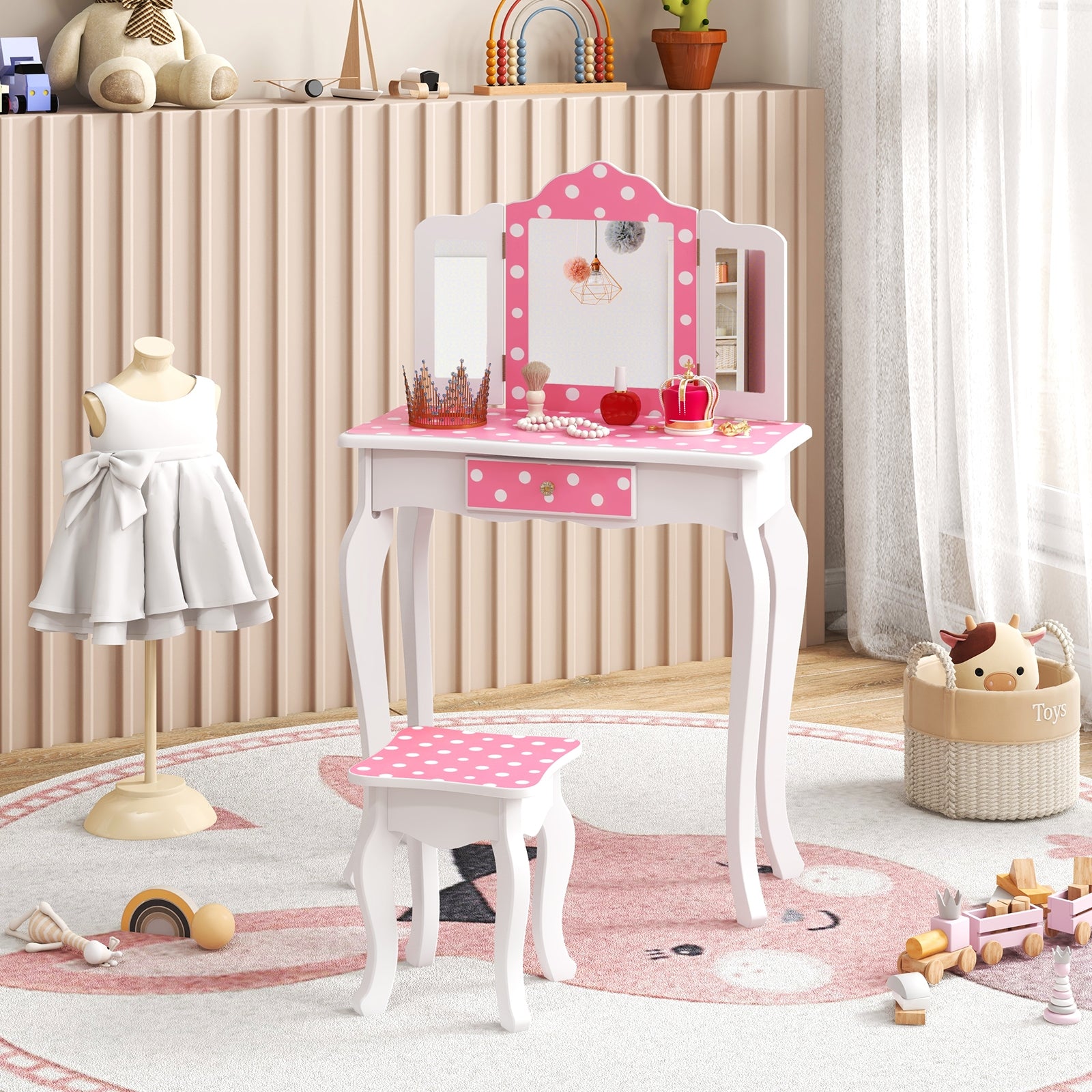 Princess Pretend Play Makeup Dressing Table, Polka Dot, Pink Kids Vanities at Gallery Canada