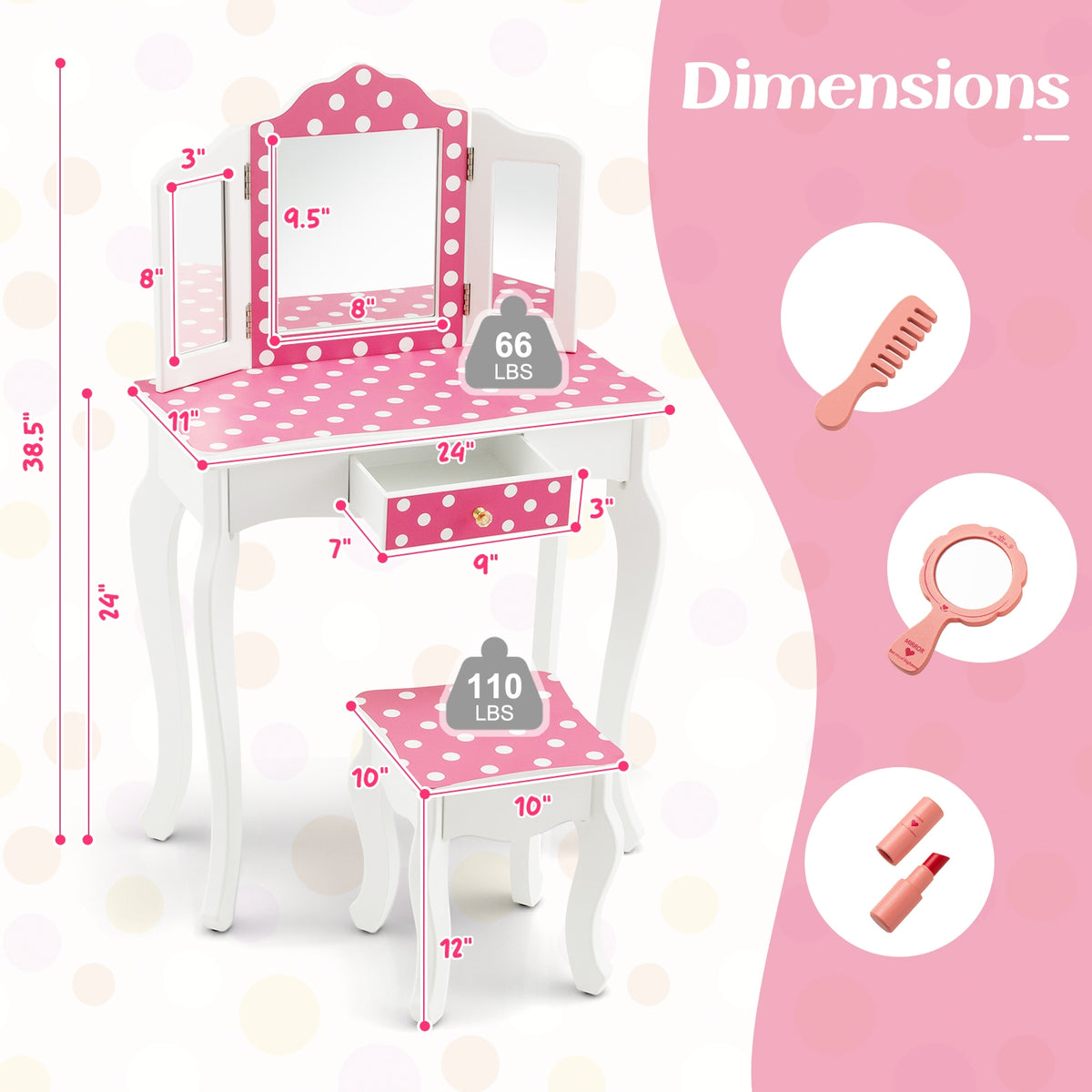 Princess Pretend Play Makeup Dressing Table, Polka Dot, Pink Kids Vanities at Gallery Canada