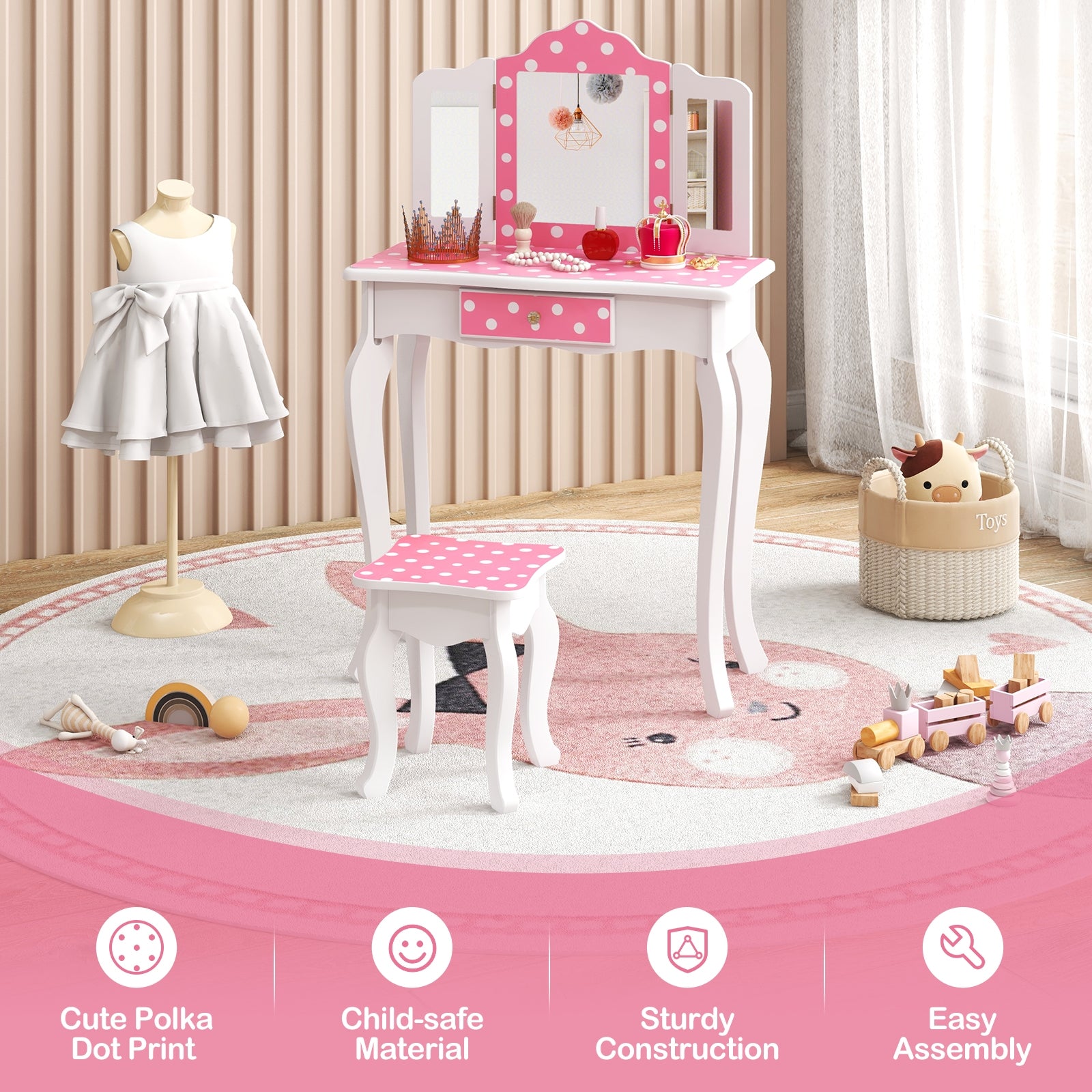Princess Pretend Play Makeup Dressing Table, Polka Dot, Pink Kids Vanities at Gallery Canada