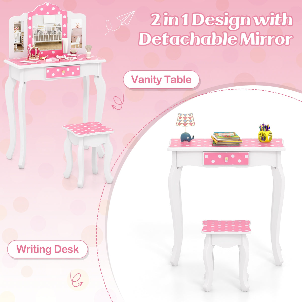 Princess Pretend Play Makeup Dressing Table, Polka Dot, Pink Kids Vanities at Gallery Canada