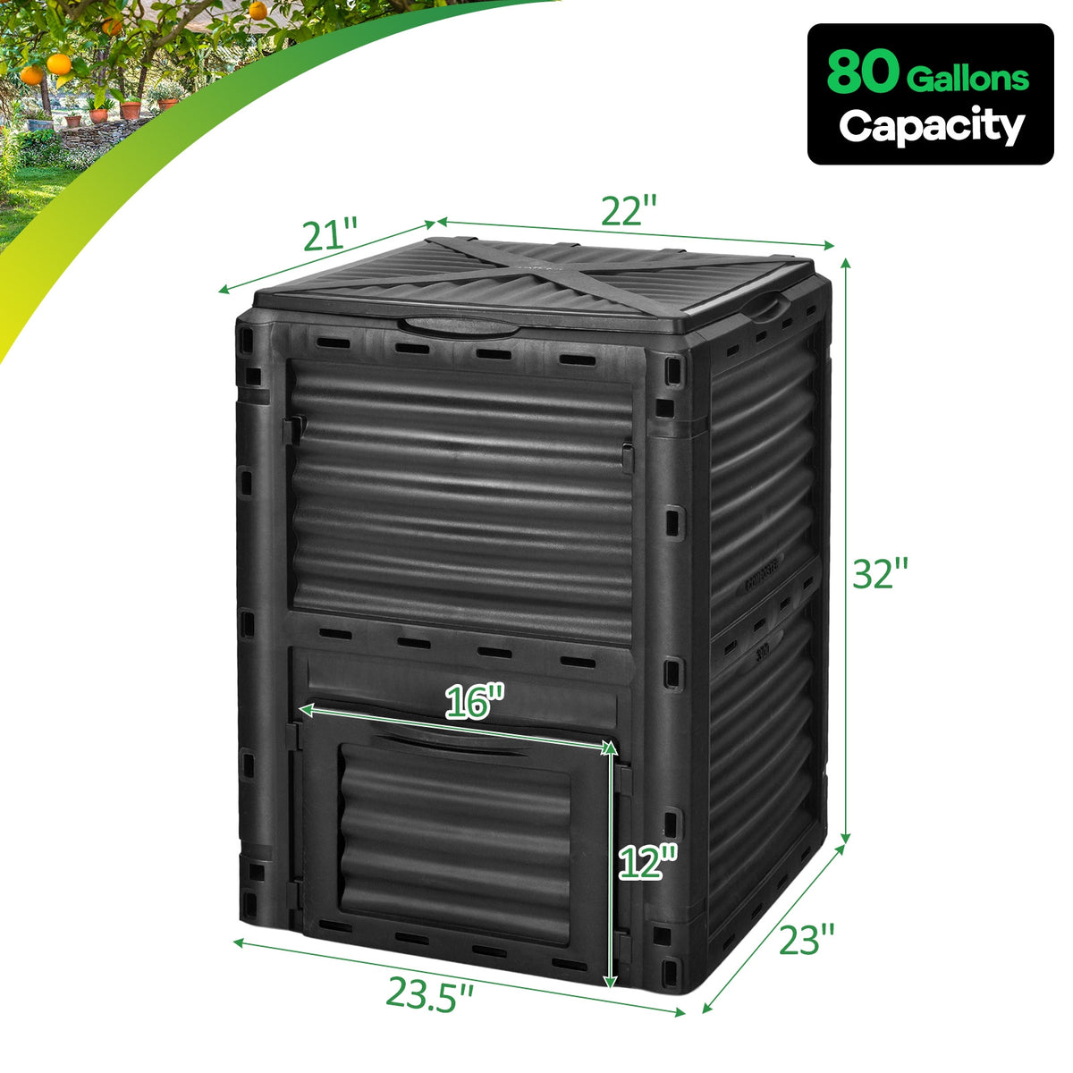 80-Gallon Outdoor Composter, Large Openable Lid, Bottom Exit Door, Black Garden Tools at Gallery Canada