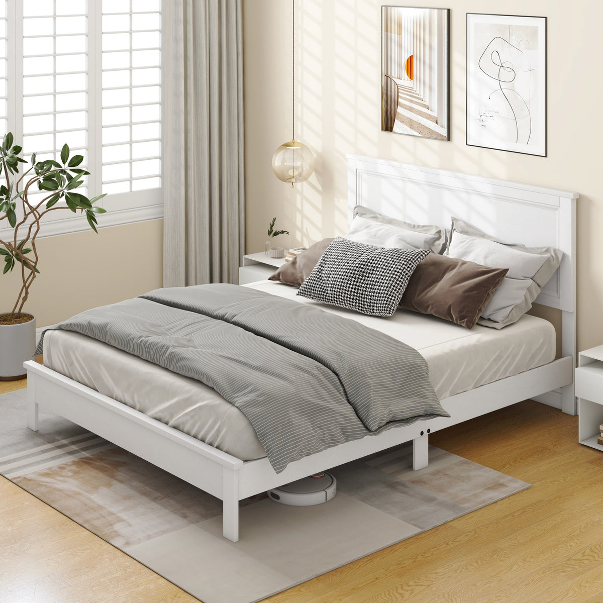 Queen Size Bed Frame, Platform Slat, High Headboard, White Simple Bed Frame at Gallery Canada