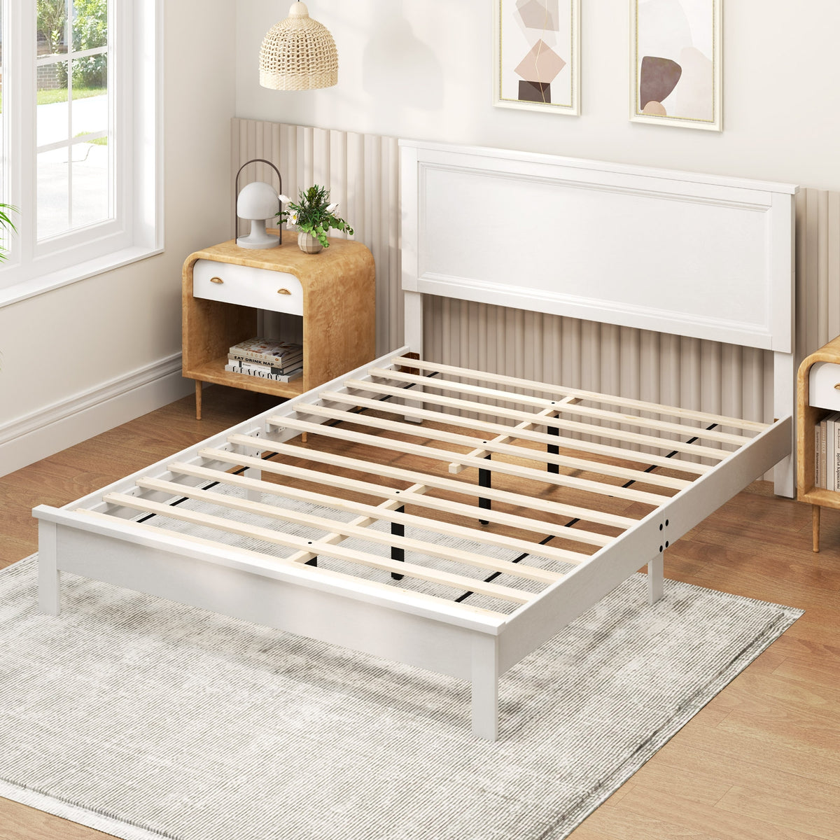 Queen Size Bed Frame, Platform Slat, High Headboard, White Simple Bed Frame at Gallery Canada