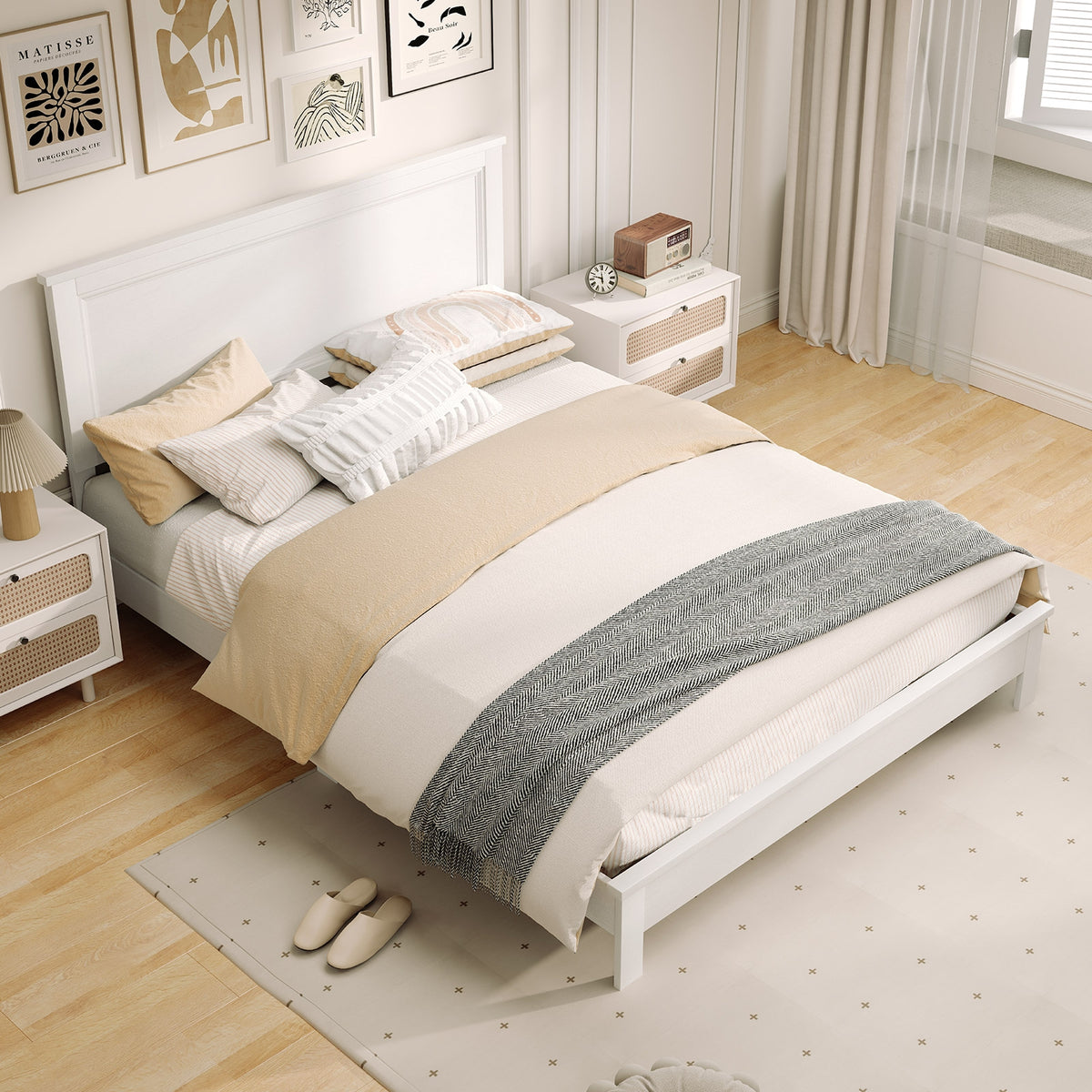 Queen Size Bed Frame, Platform Slat, High Headboard, White Simple Bed Frame at Gallery Canada
