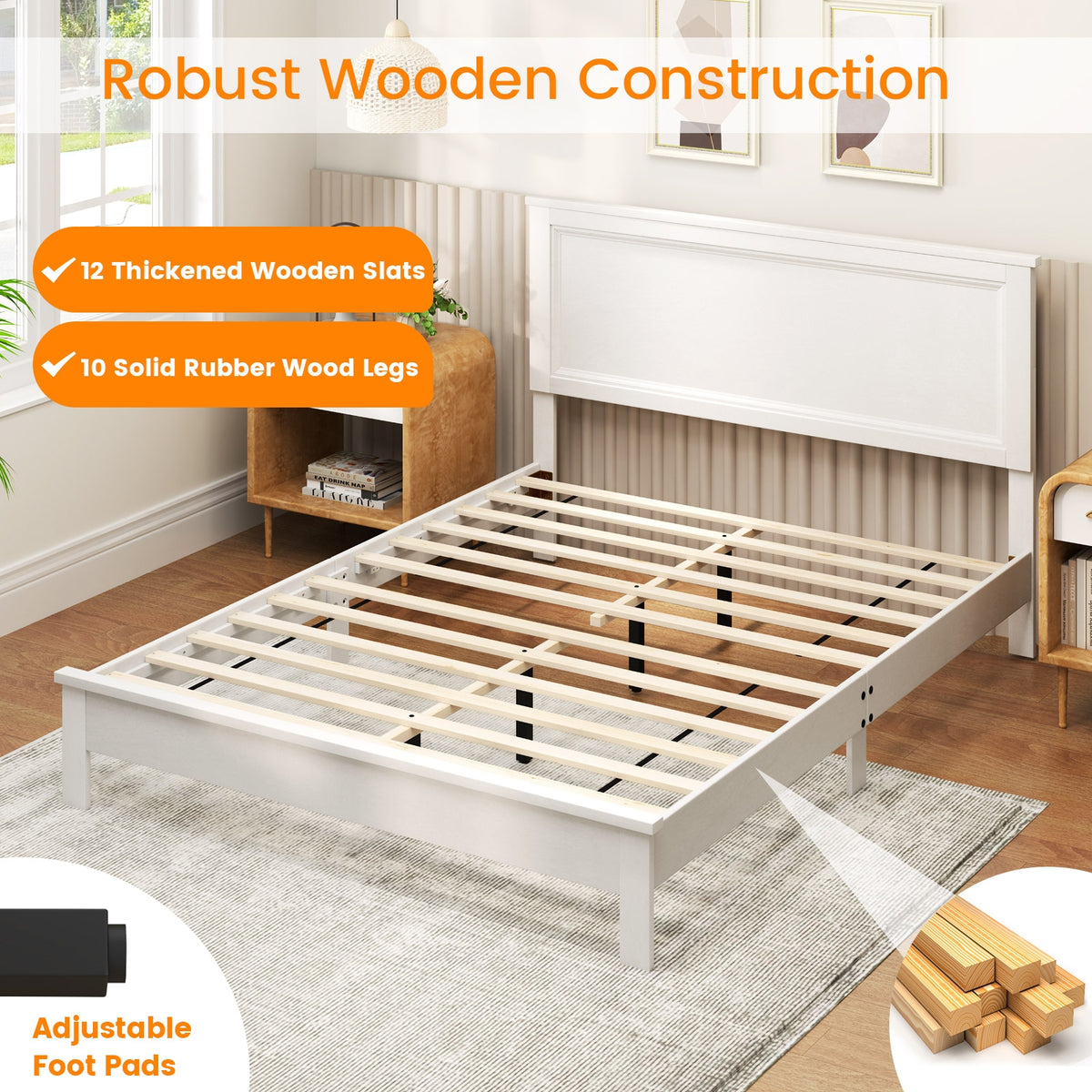 Queen Size Bed Frame, Platform Slat, High Headboard, White Simple Bed Frame at Gallery Canada