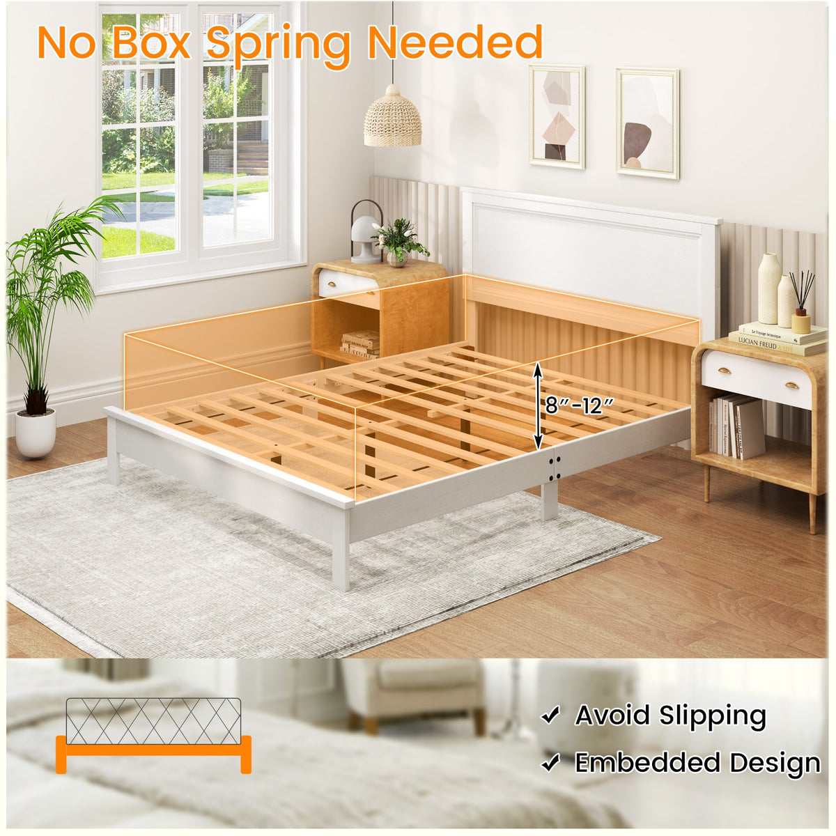 Queen Size Bed Frame, Platform Slat, High Headboard, White Simple Bed Frame at Gallery Canada