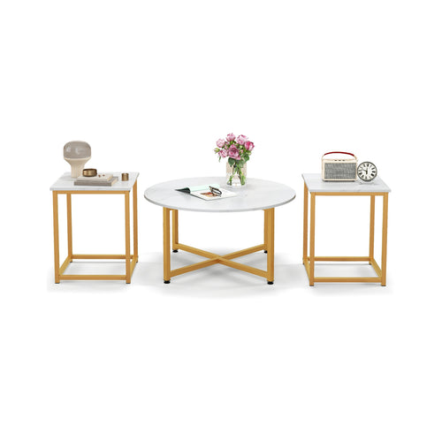 3-Piece Coffee Table Set, Round Table and 2 Square End Tables, Gold and White