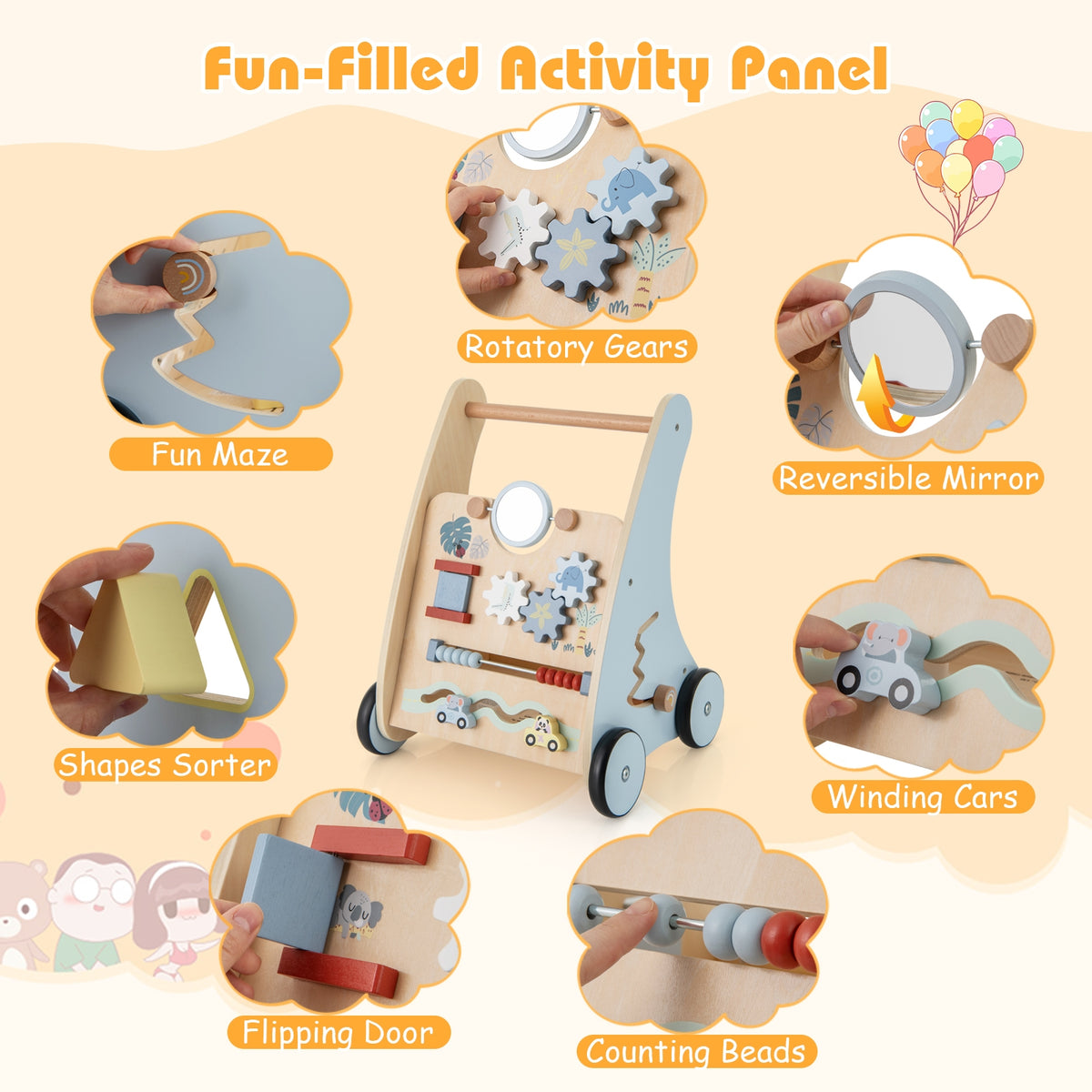 Wooden Baby Push Pull Walker, Multi-Activity Learning Center, Blue Baby Gyms & Playmats at Gallery Canada
