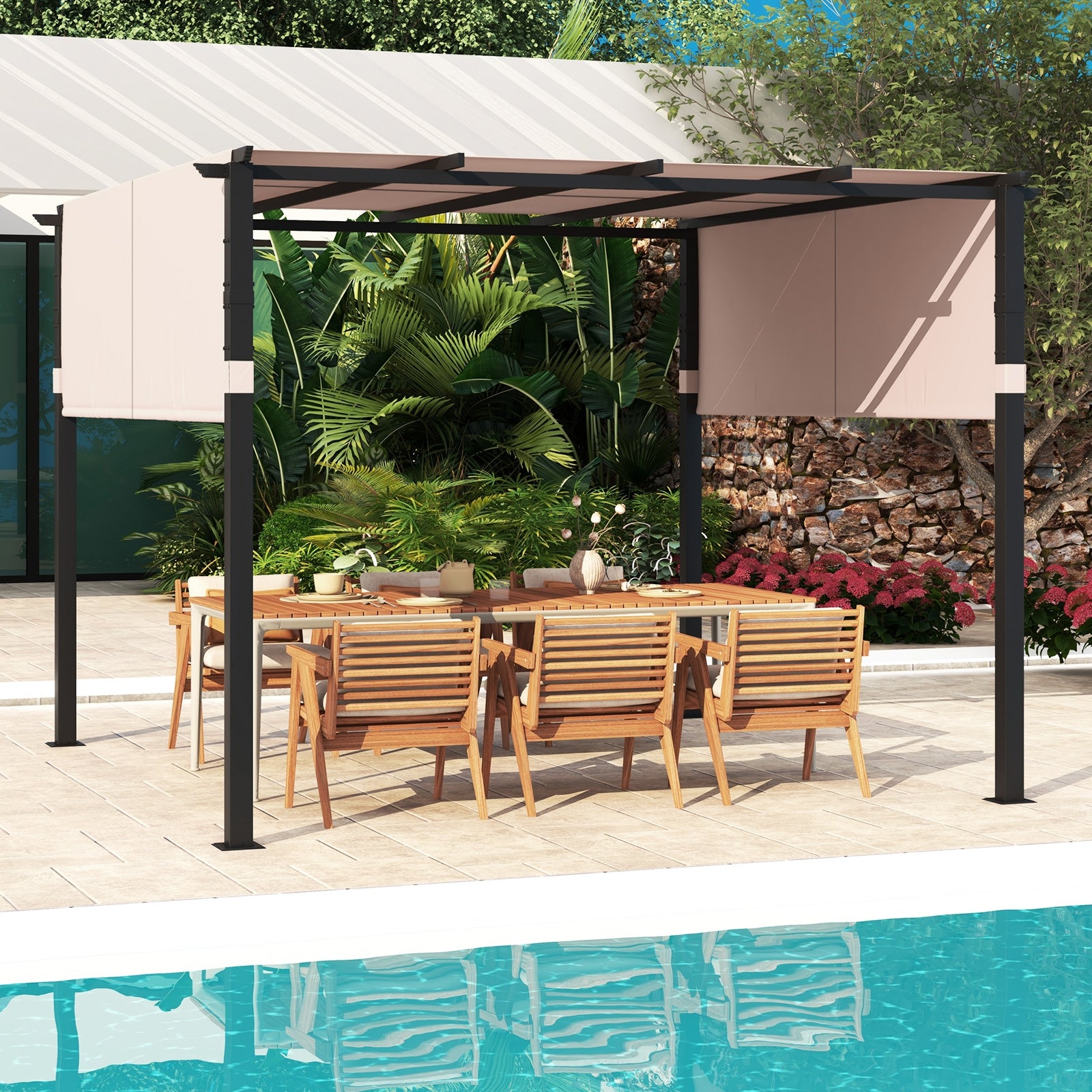 10 x 10 ft Pergola With Retractable Canopy, Beige Gazebos at Gallery Canada