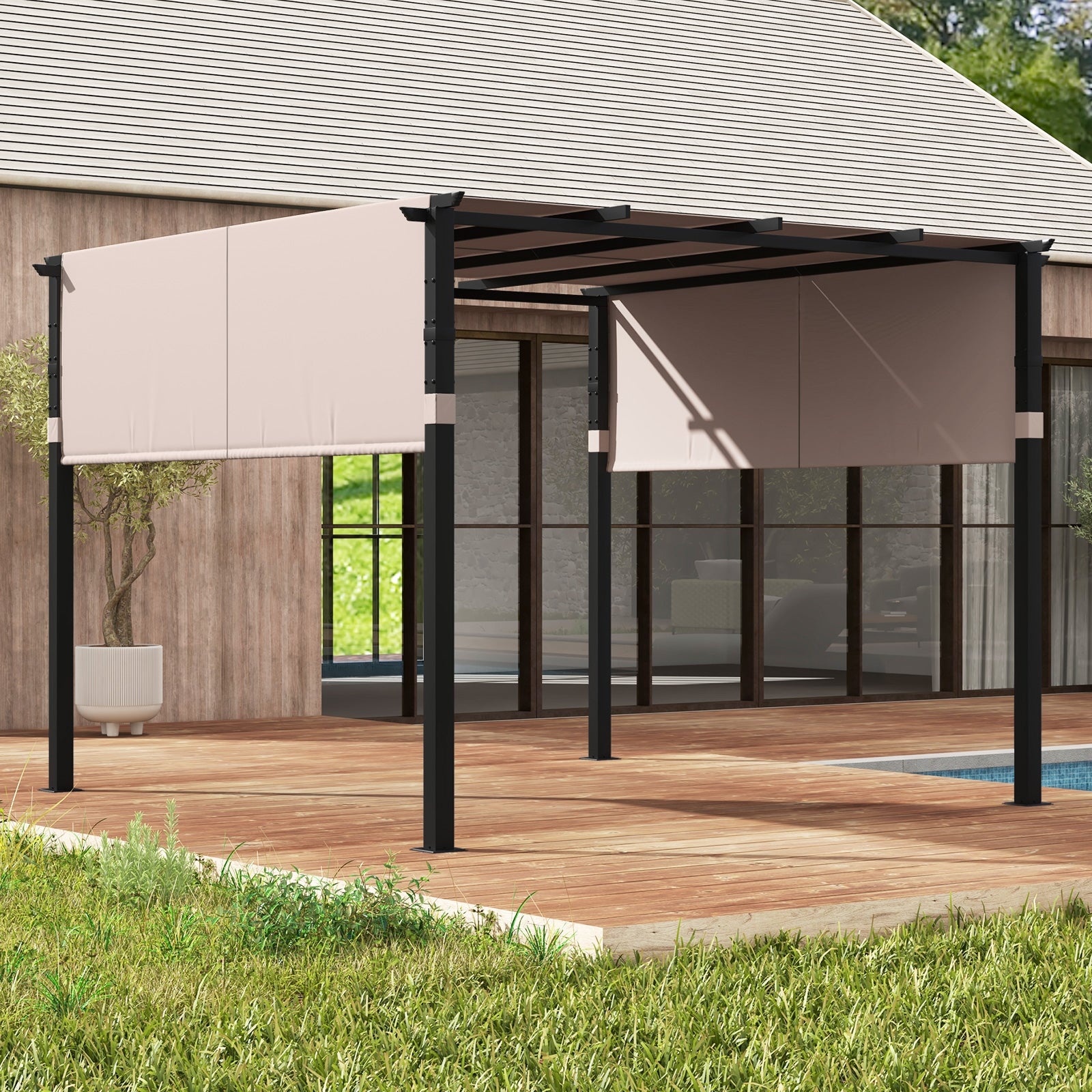 10 x 10 ft Pergola With Retractable Canopy, Beige Gazebos at Gallery Canada