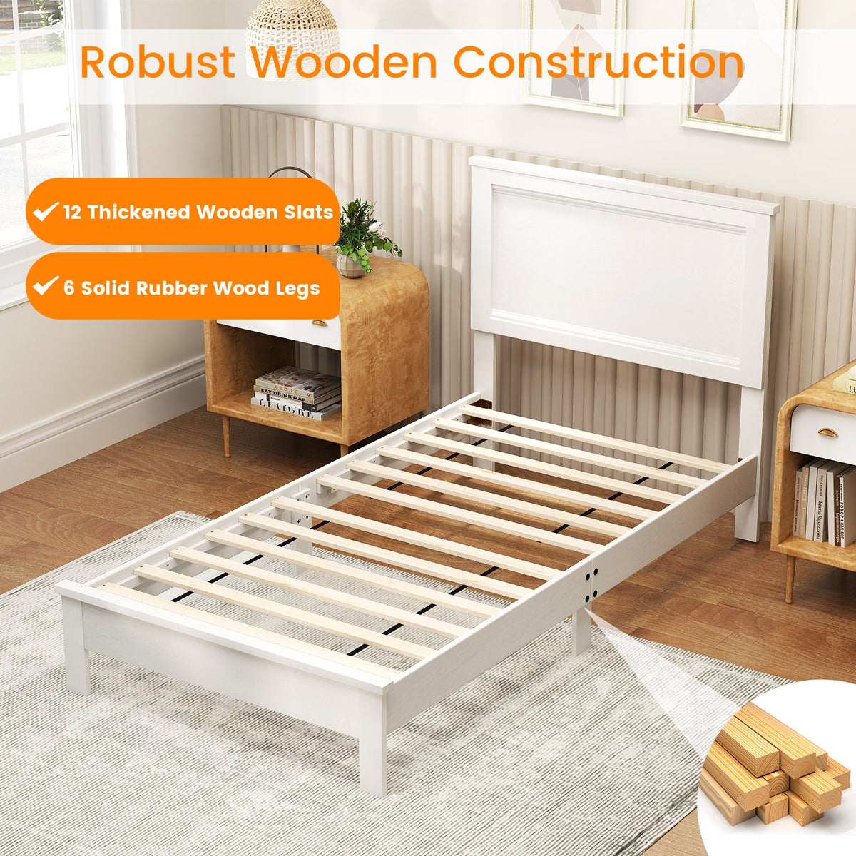 Twin Size Wooden Bed Frame, Headboard, Slat Support, White Simple Bed Frame at Gallery Canada