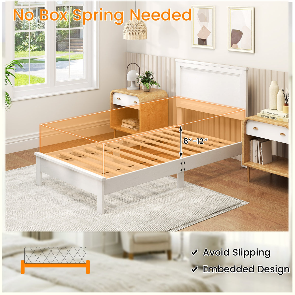 Twin Size Wooden Bed Frame, Headboard, Slat Support, White Simple Bed Frame at Gallery Canada