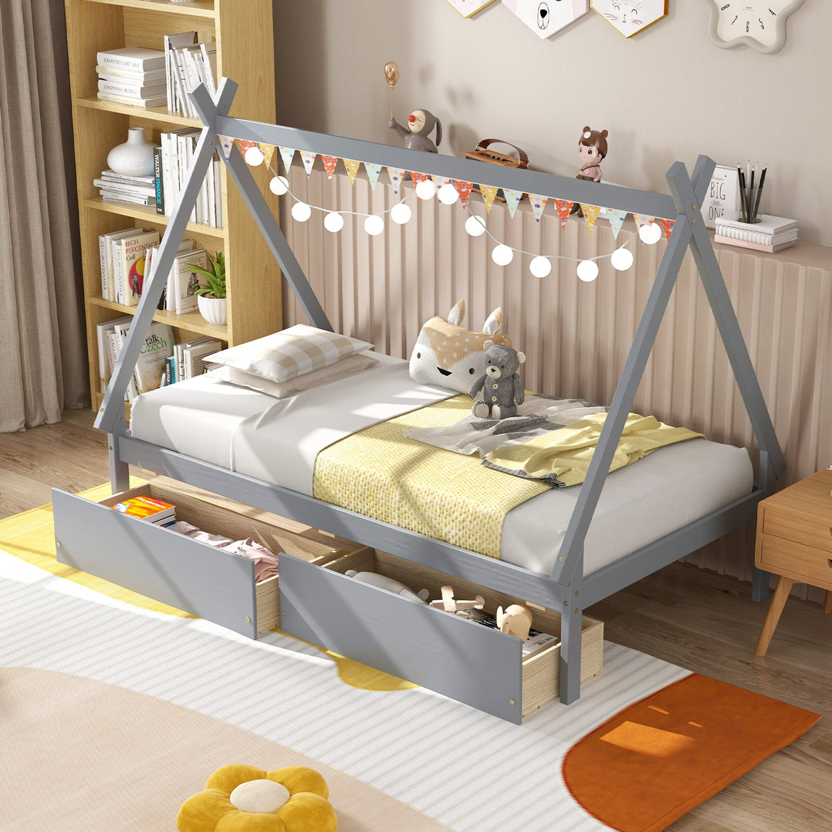 Twin Size Wooden Tent Platform Bed With 2 Drawers, Gray Simple Bed Frame at Gallery Canada