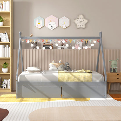 Twin Size Wooden Tent Platform Bed With 2 Drawers, Gray Simple Bed Frame at Gallery Canada