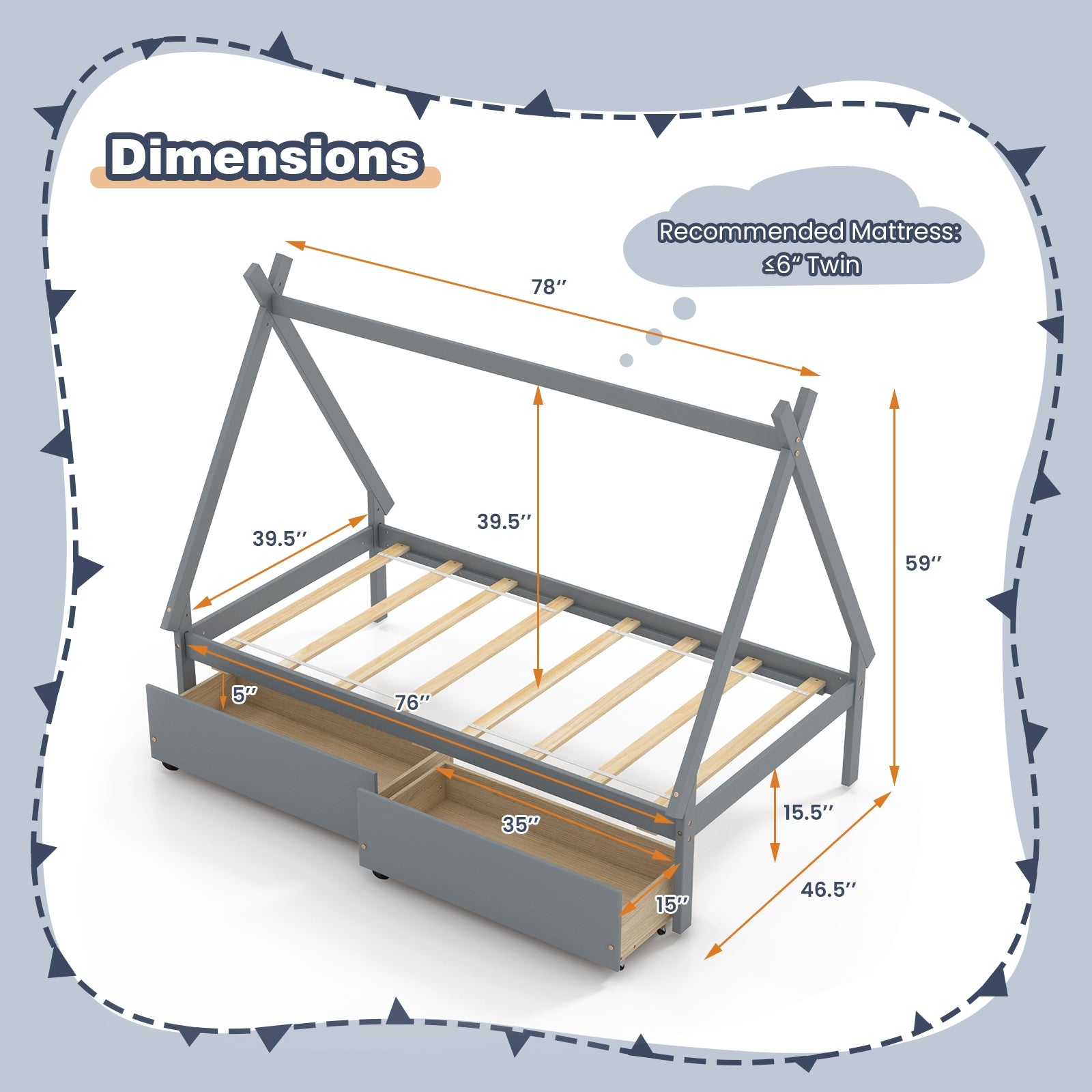 Twin Size Wooden Tent Platform Bed With 2 Drawers, Gray Simple Bed Frame at Gallery Canada