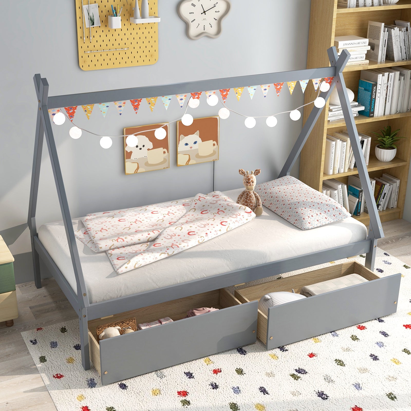 Twin Size Wooden Tent Platform Bed With 2 Drawers, Gray Simple Bed Frame at Gallery Canada