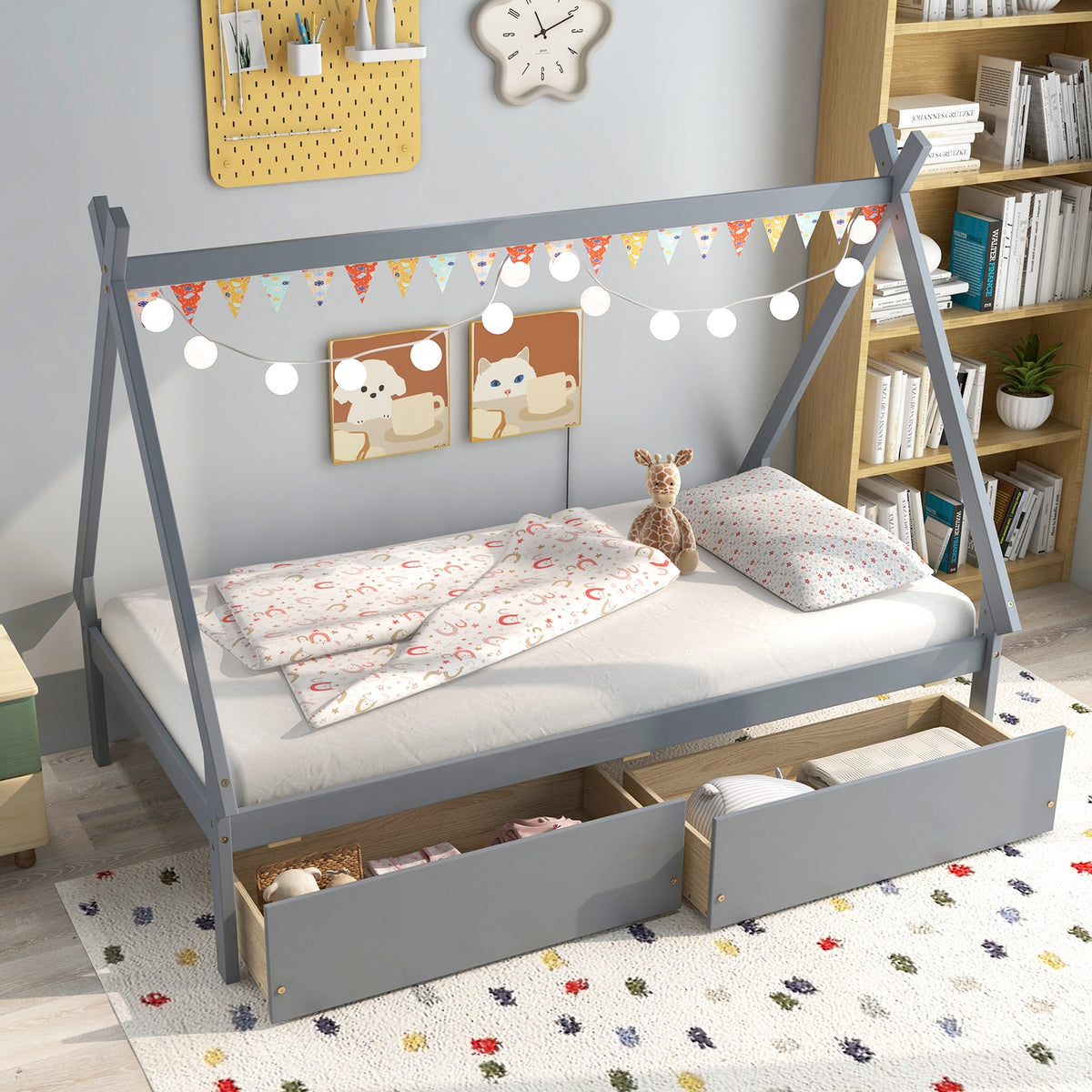Twin Size Wooden Tent Platform Bed With 2 Drawers, Gray Simple Bed Frame at Gallery Canada