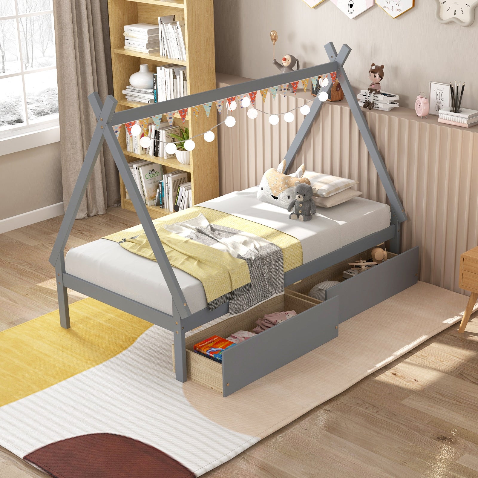 Twin Size Wooden Tent Platform Bed With 2 Drawers, Gray Simple Bed Frame at Gallery Canada