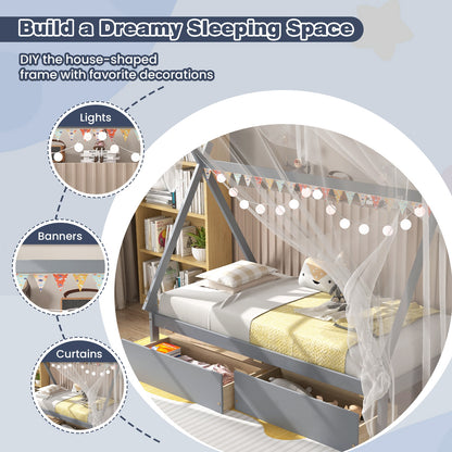 Twin Size Wooden Tent Platform Bed With 2 Drawers, Gray Simple Bed Frame at Gallery Canada
