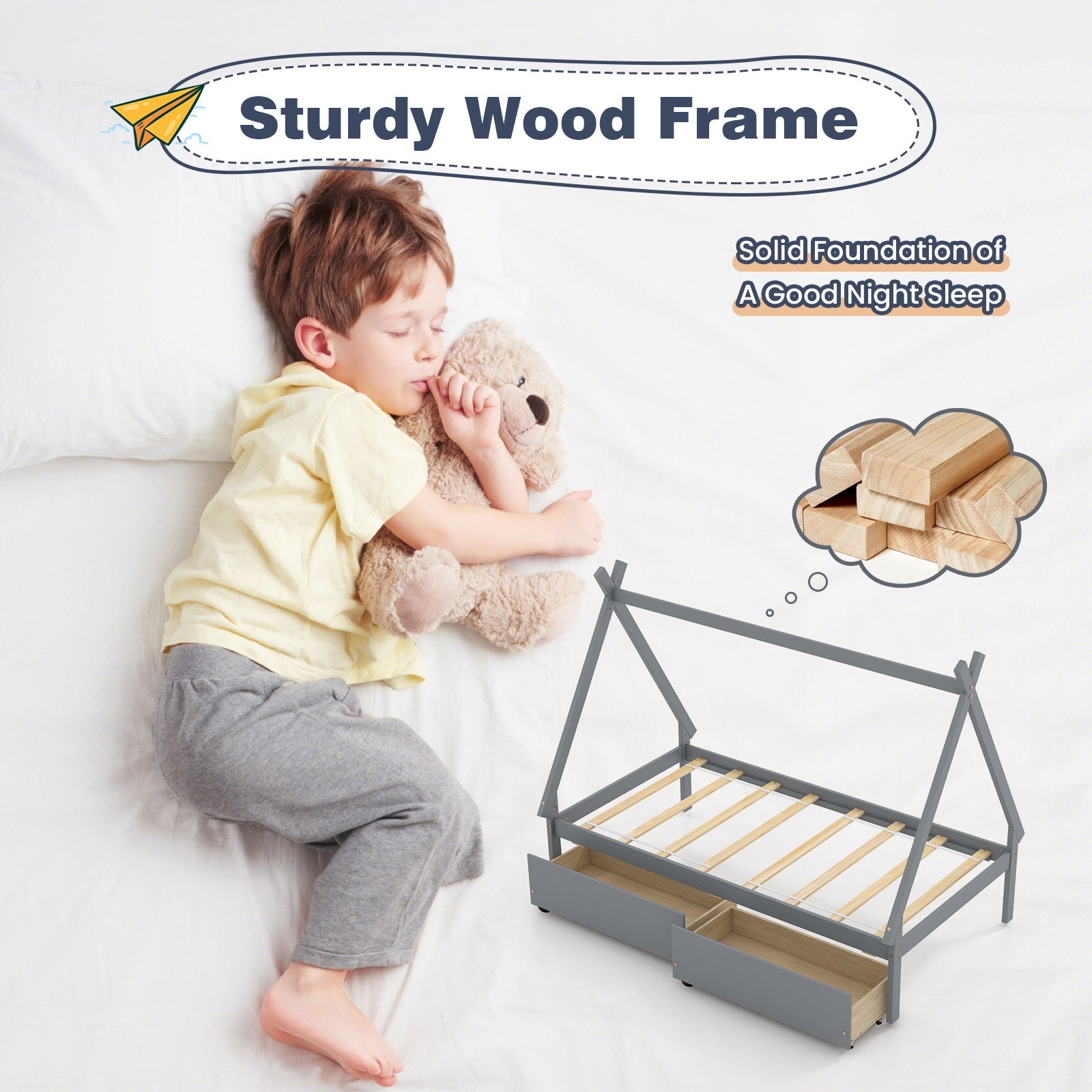 Twin Size Wooden Tent Platform Bed With 2 Drawers, Gray Simple Bed Frame at Gallery Canada