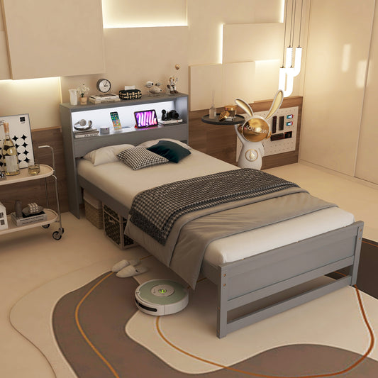 Twin Size Bed Frame With Storage Headboard, Charging Station, Gray Toddler Beds Gray at Gallery Canada