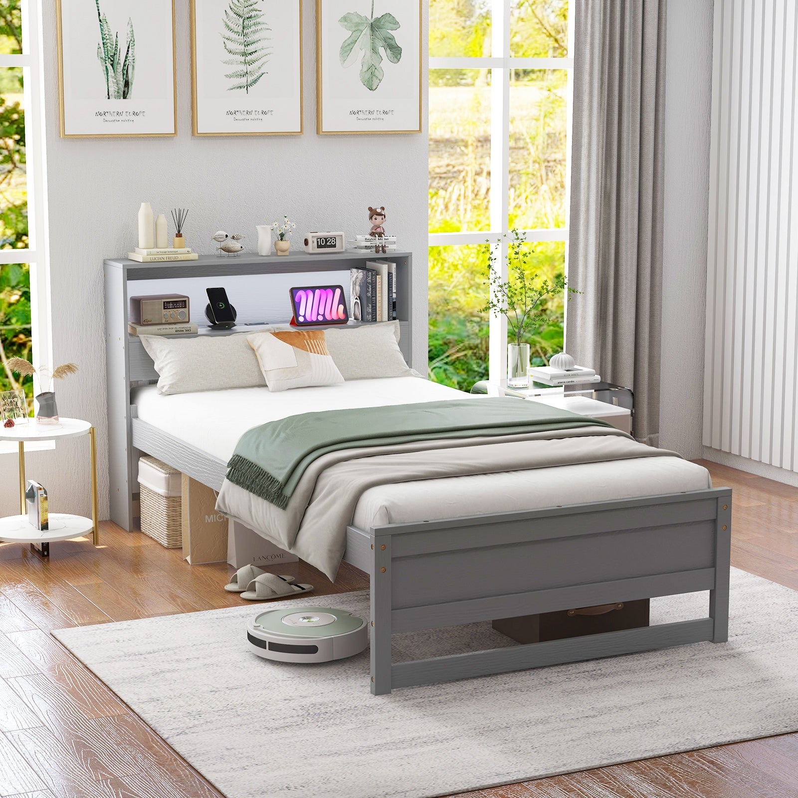 Twin Size Bed Frame With Storage Headboard, Charging Station, Gray Toddler Beds at Gallery Canada