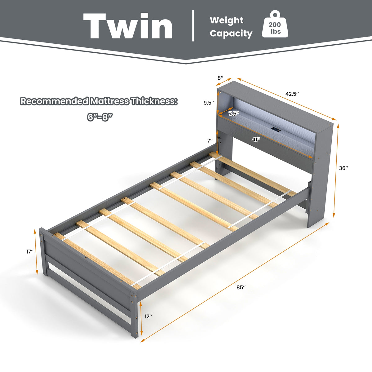 Twin Size Bed Frame With Storage Headboard, Charging Station, Gray Toddler Beds at Gallery Canada