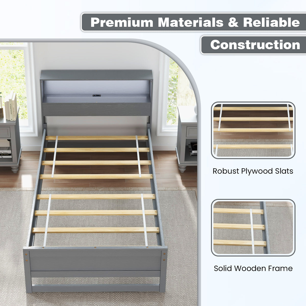 Twin Size Bed Frame With Storage Headboard, Charging Station, Gray Toddler Beds at Gallery Canada
