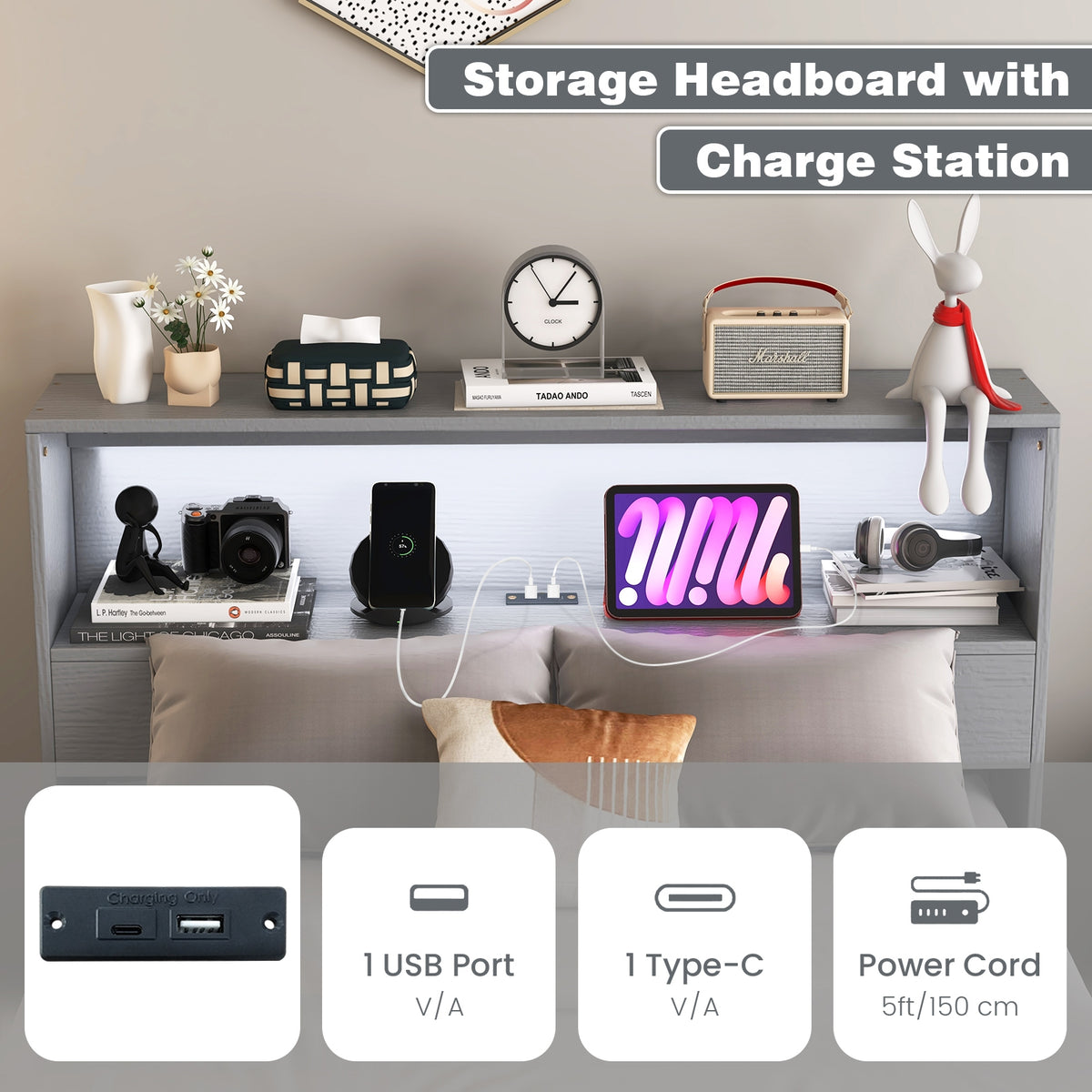 Twin Size Bed Frame With Storage Headboard, Charging Station, Gray Toddler Beds at Gallery Canada