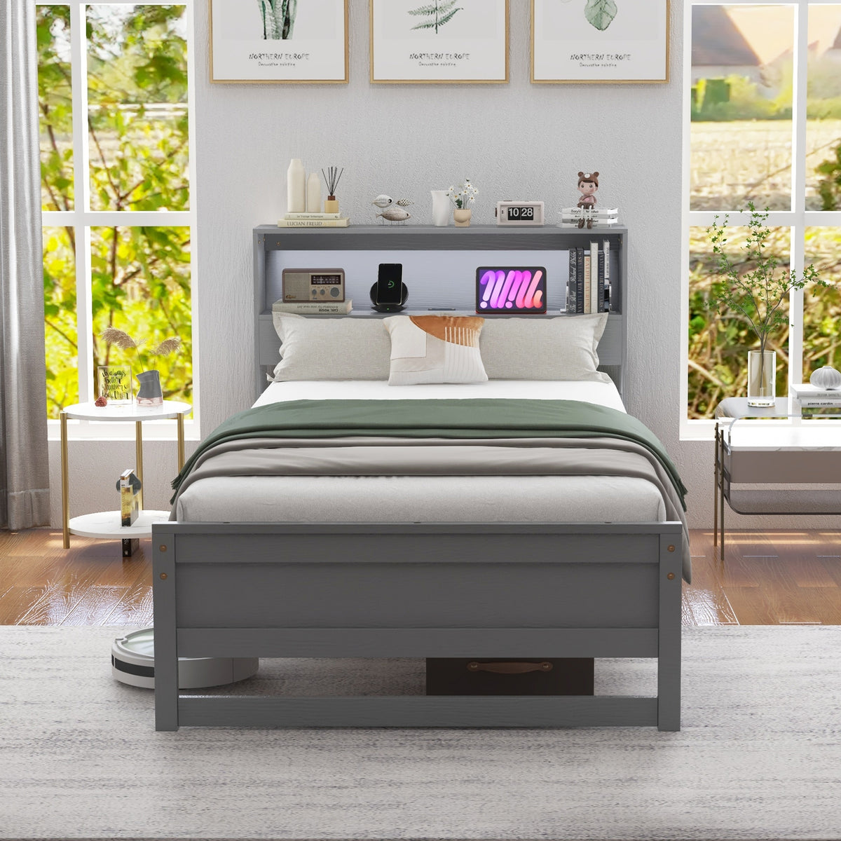 Twin Size Bed Frame With Storage Headboard, Charging Station, Gray Toddler Beds at Gallery Canada