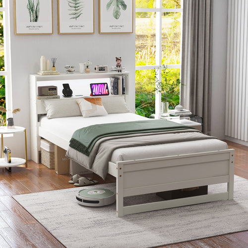 Twin Size Bed Frame With Storage Headboard, Charging Station, White