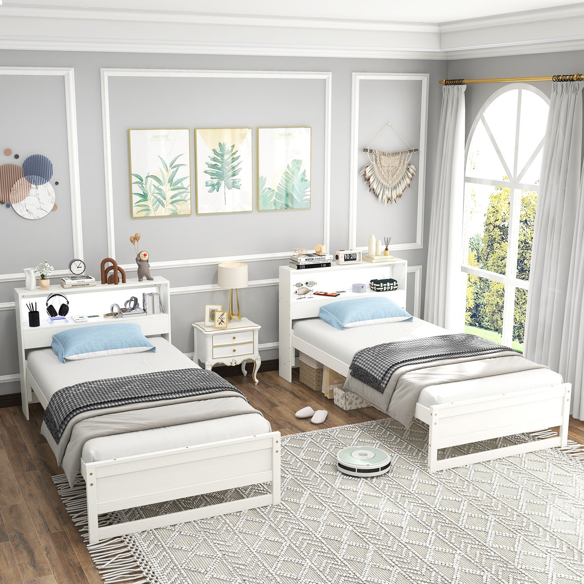 Twin Size Bed Frame With Storage Headboard, Charging Station, White Toddler Beds at Gallery Canada