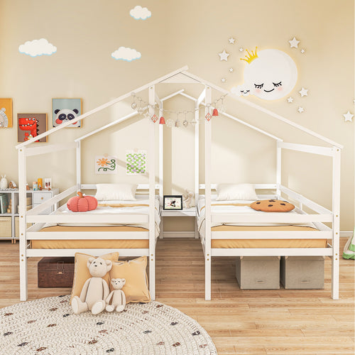 Twin Size Wooden Bed Frame With Built In Table, White