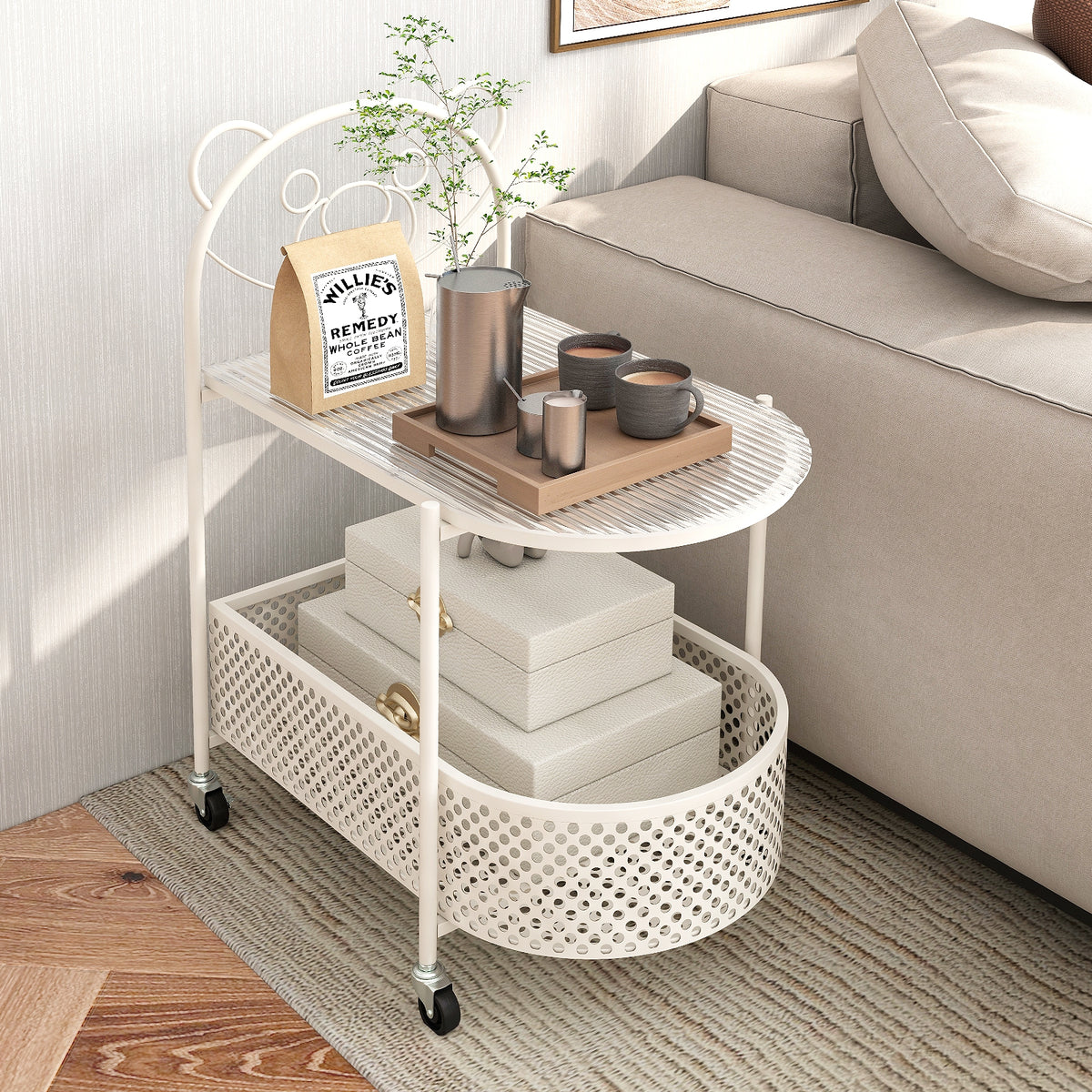 2-Tier Mobile Glass Coffee Table, Bear Pattern, White Coffee Tables at Gallery Canada