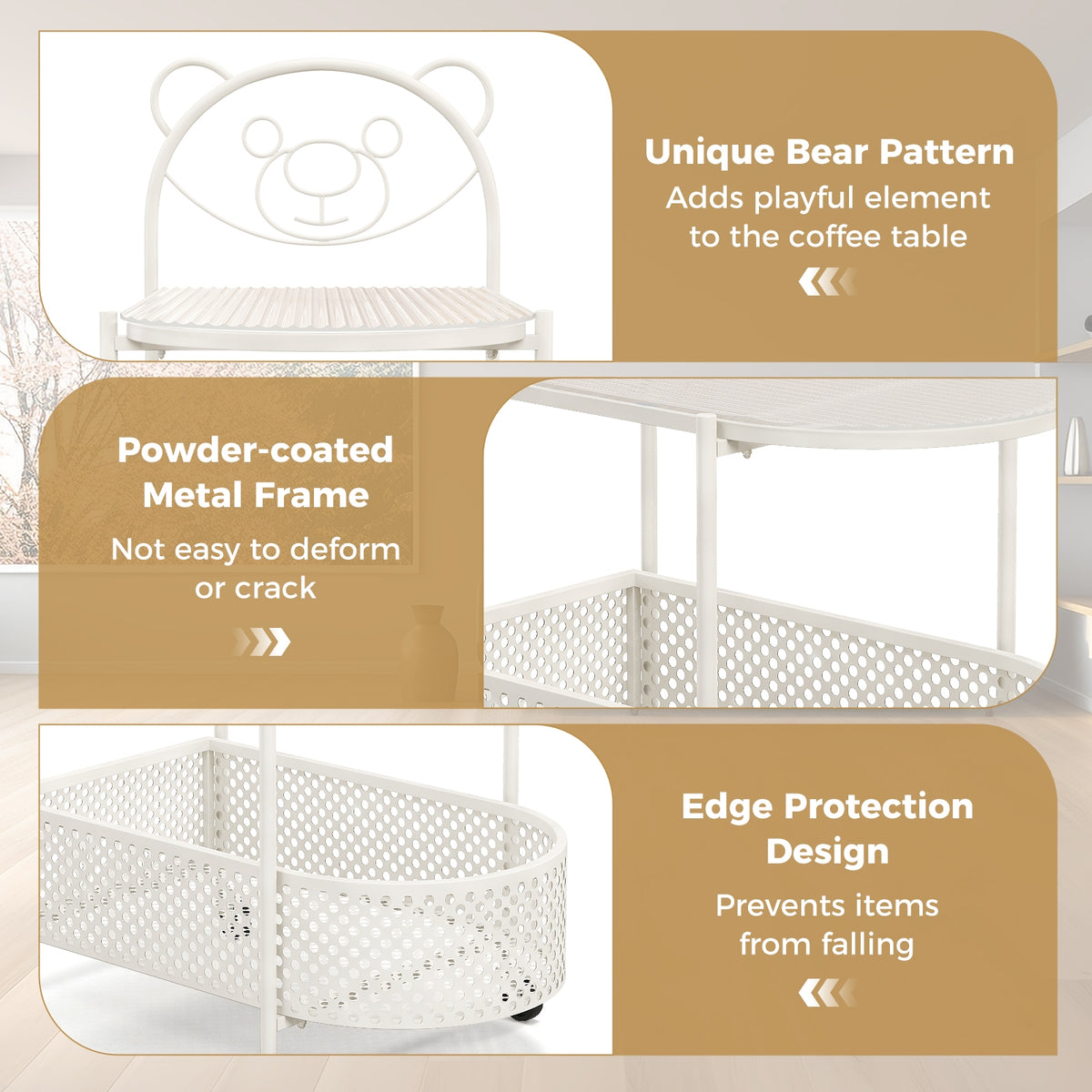 2-Tier Mobile Glass Coffee Table, Bear Pattern, White Coffee Tables at Gallery Canada