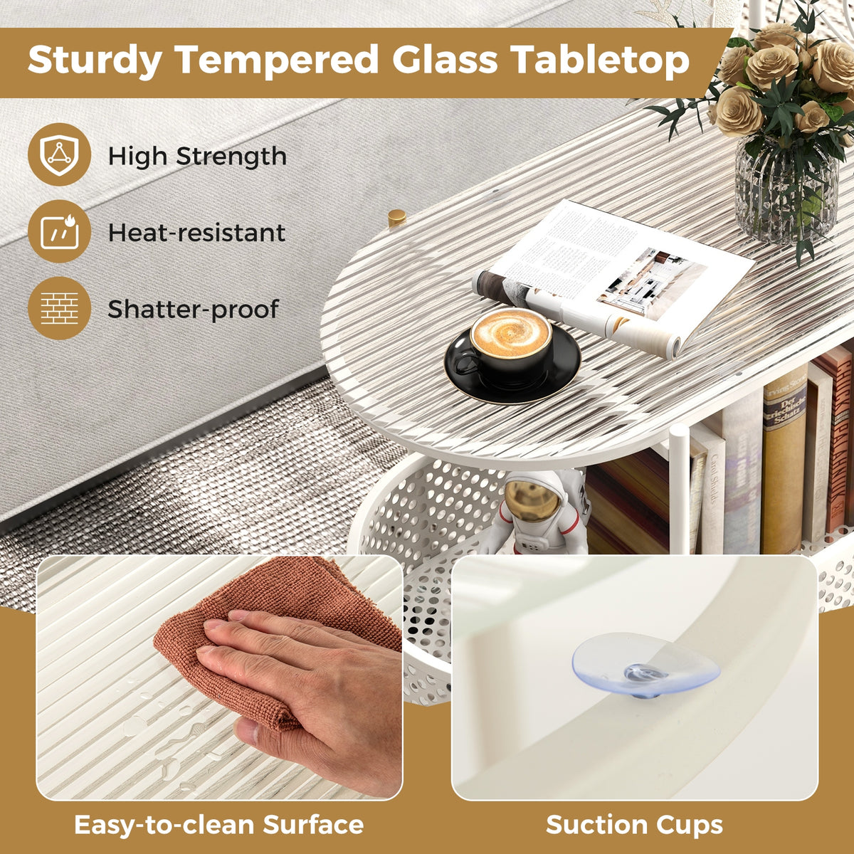 2-Tier Mobile Glass Coffee Table, Bear Pattern, White Coffee Tables at Gallery Canada