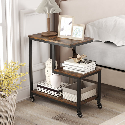 G-Shaped Side Table, 3-Tier Mobile End Table, Rustic Brown