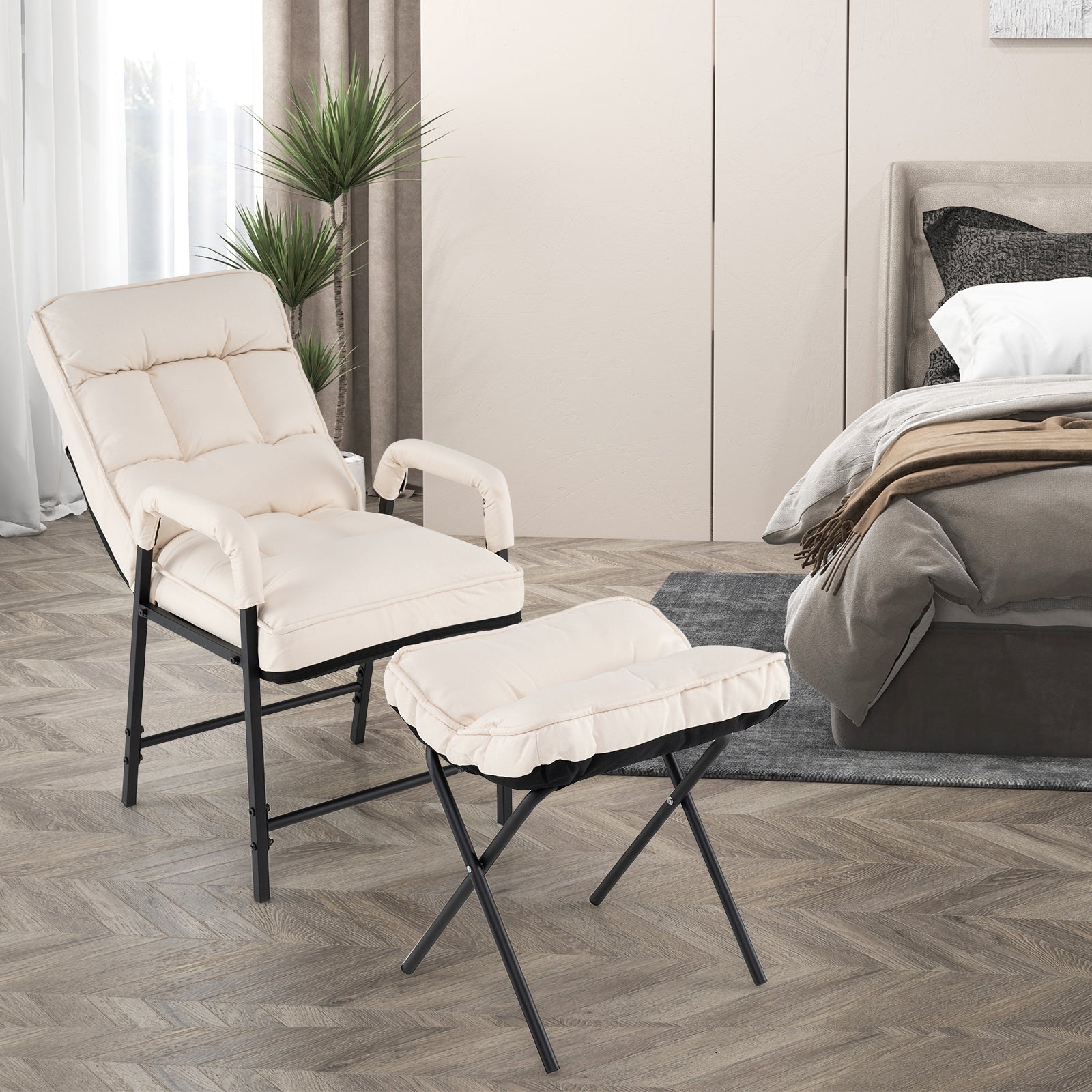 Modern Linen Accent Chair With Ottoman, Adjustable Backrest, Beige Accent Chairs at Gallery Canada