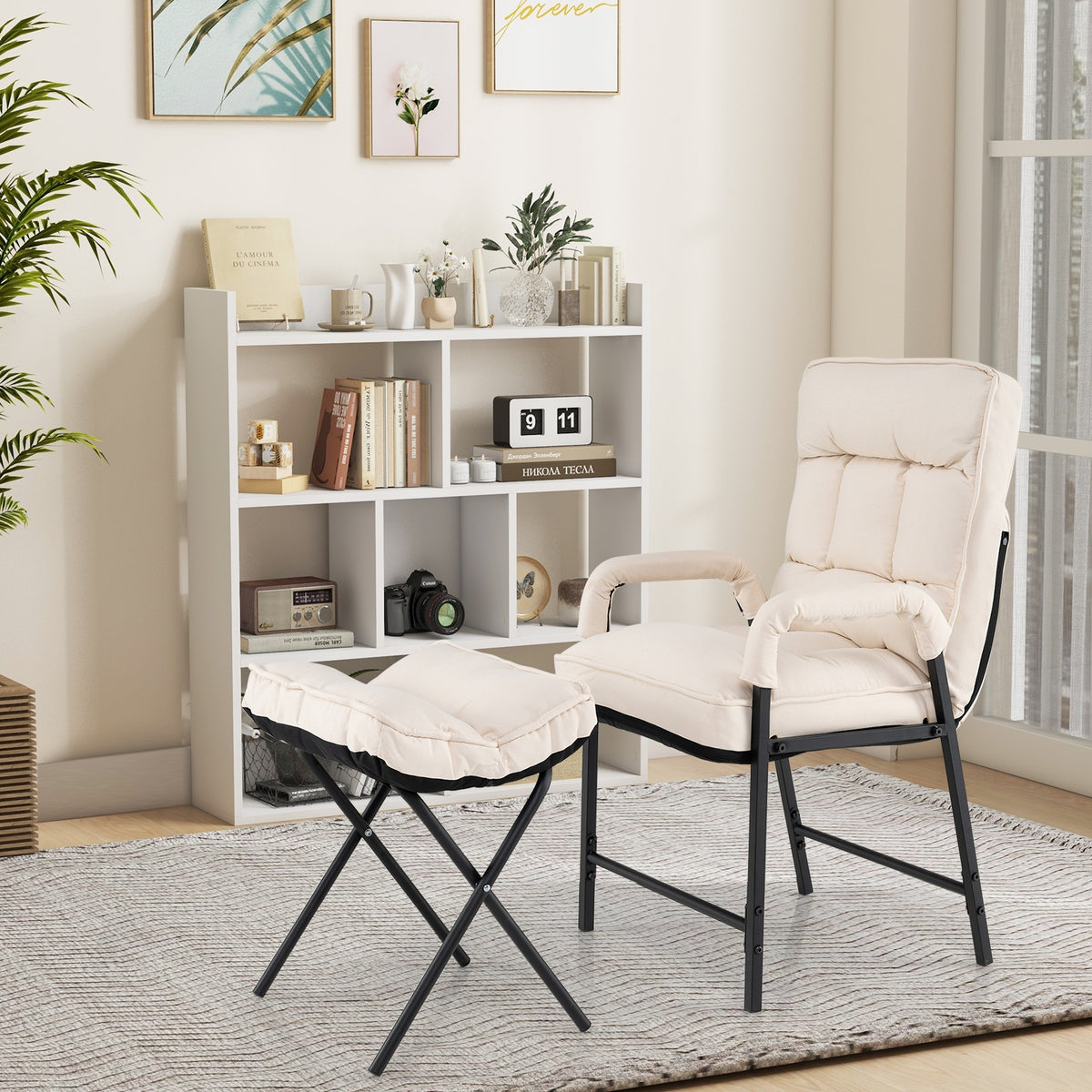 Modern Linen Accent Chair With Ottoman, Adjustable Backrest, Beige Accent Chairs at Gallery Canada