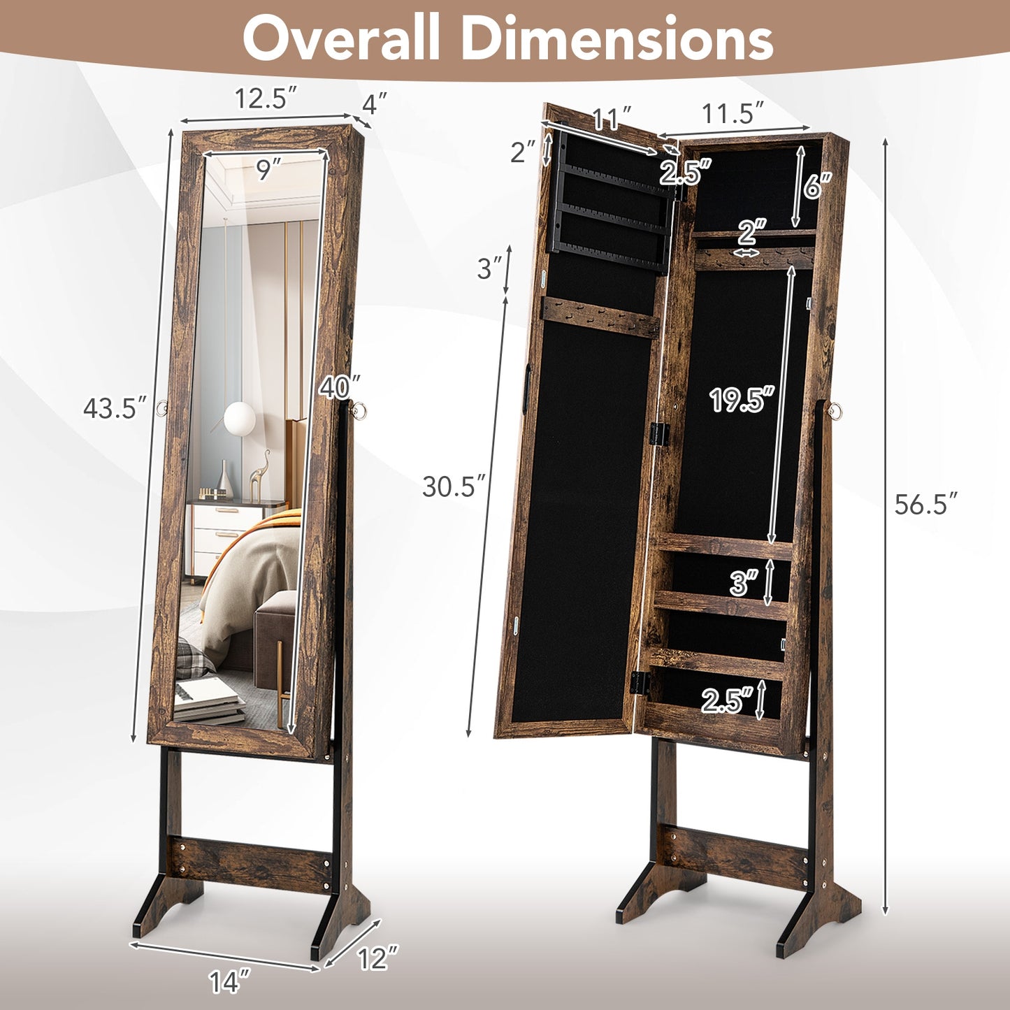 Mirrored Standing Jewelry Cabinet, Brown Jewelry Armoires at Gallery Canada