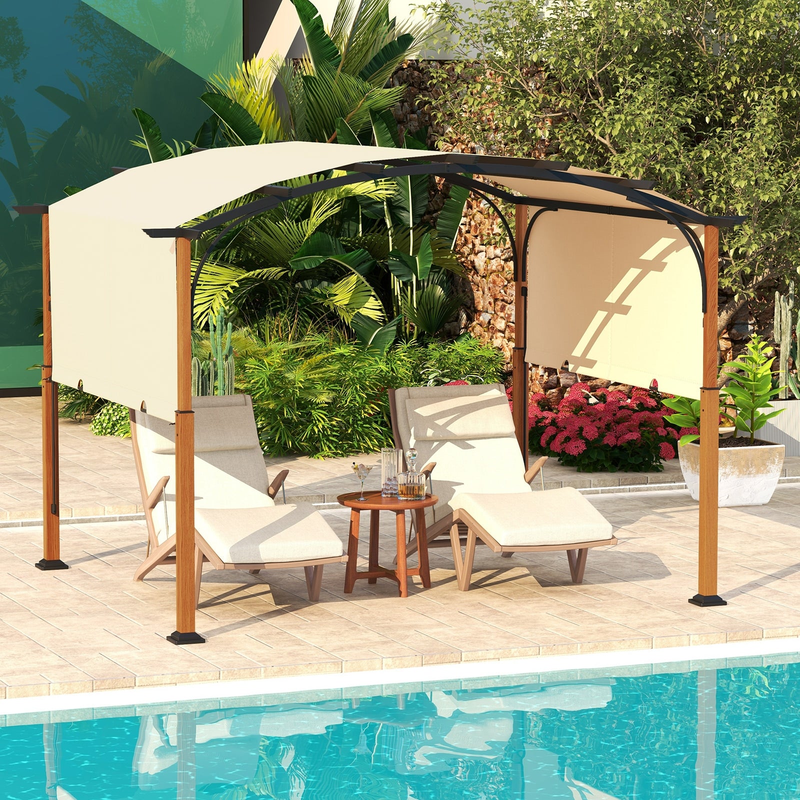 10 x 12 FT Retractable Pergola With Canopy, Beige Gazebos at Gallery Canada
