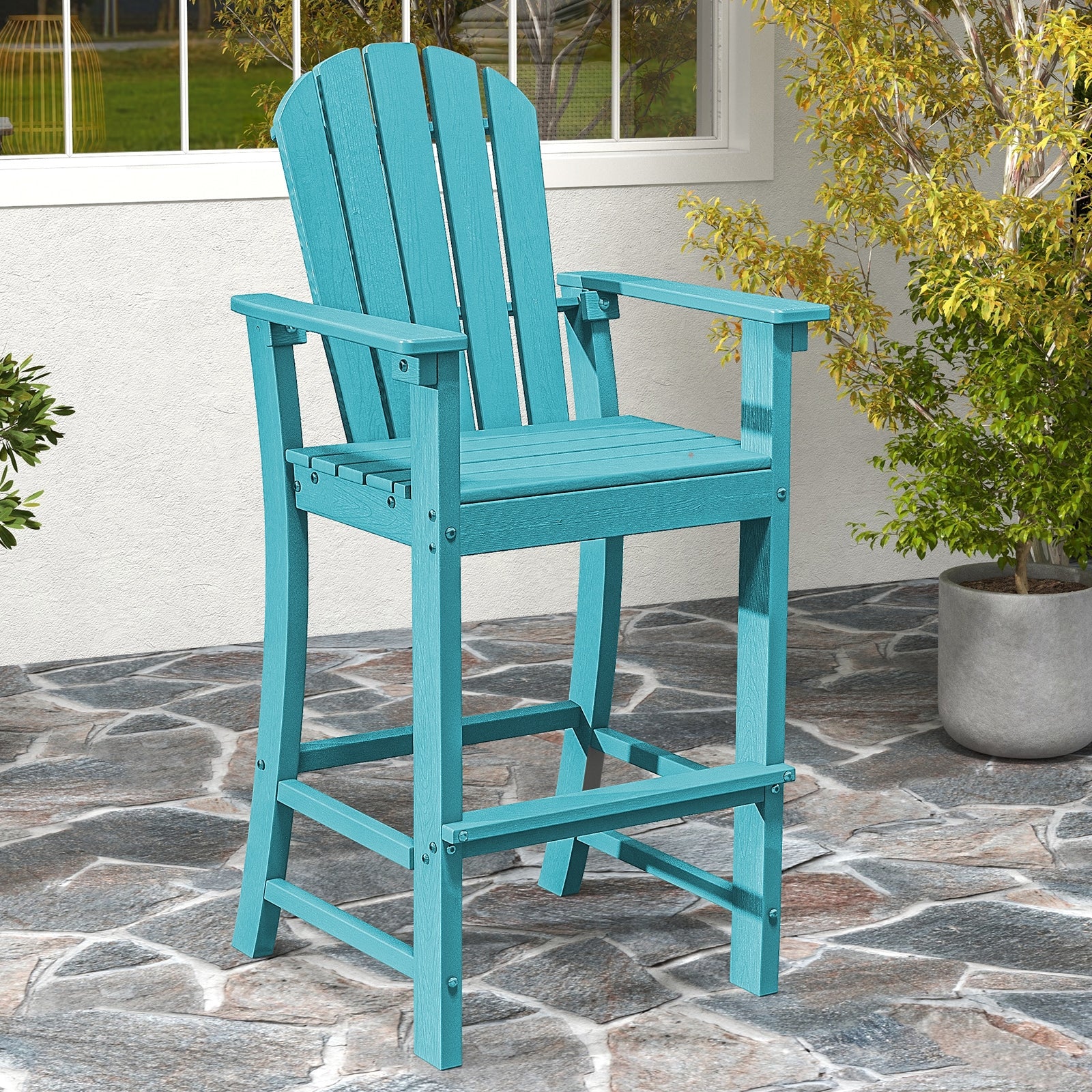 30 Inches Counter Height Outdoor HDPE Bar Stool, Armrests Footrest, Turquoise Patio Bar Furniture at Gallery Canada