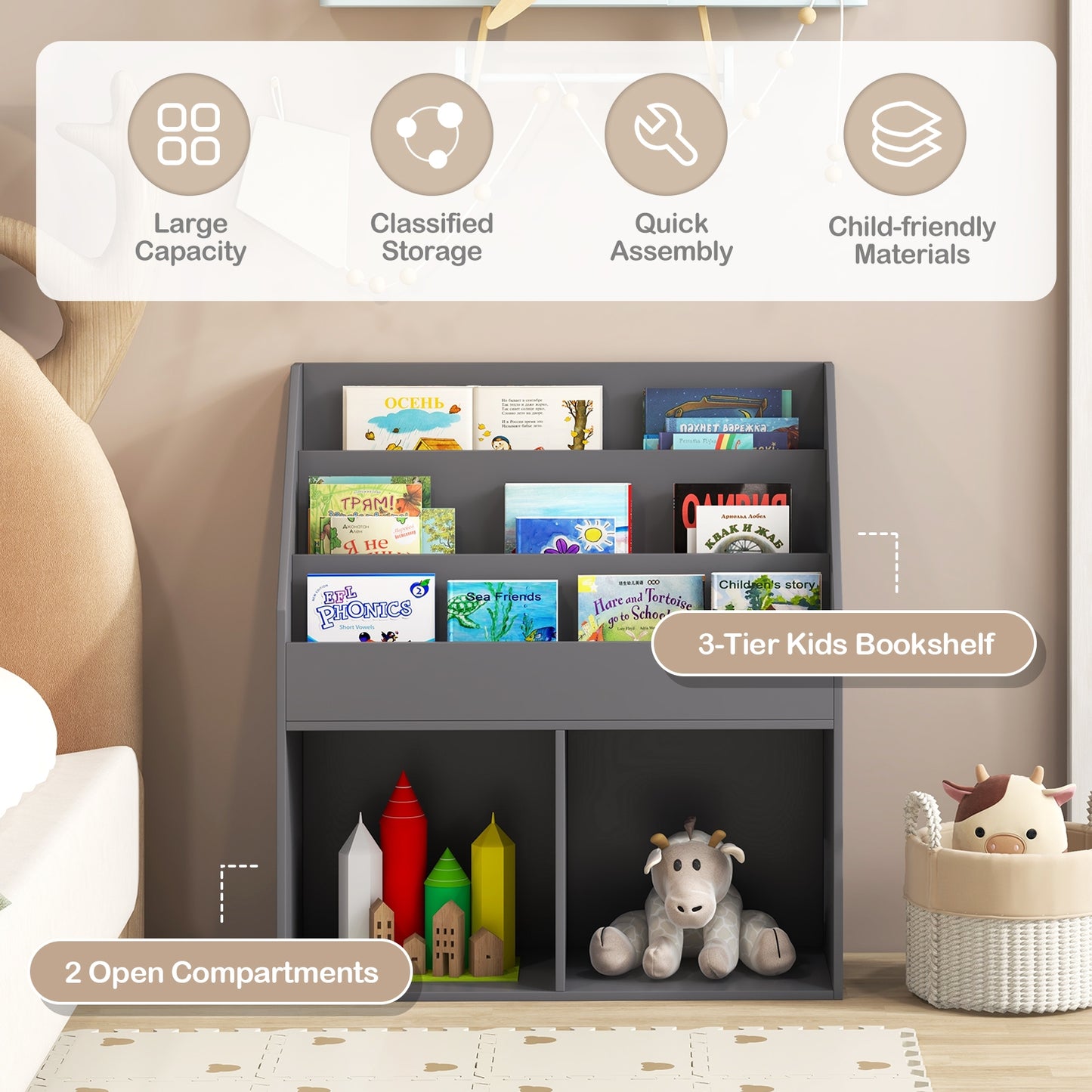 Kids Wooden Bookshelf, Toy Storage Cabinet, Gray Kids Storage at Gallery Canada