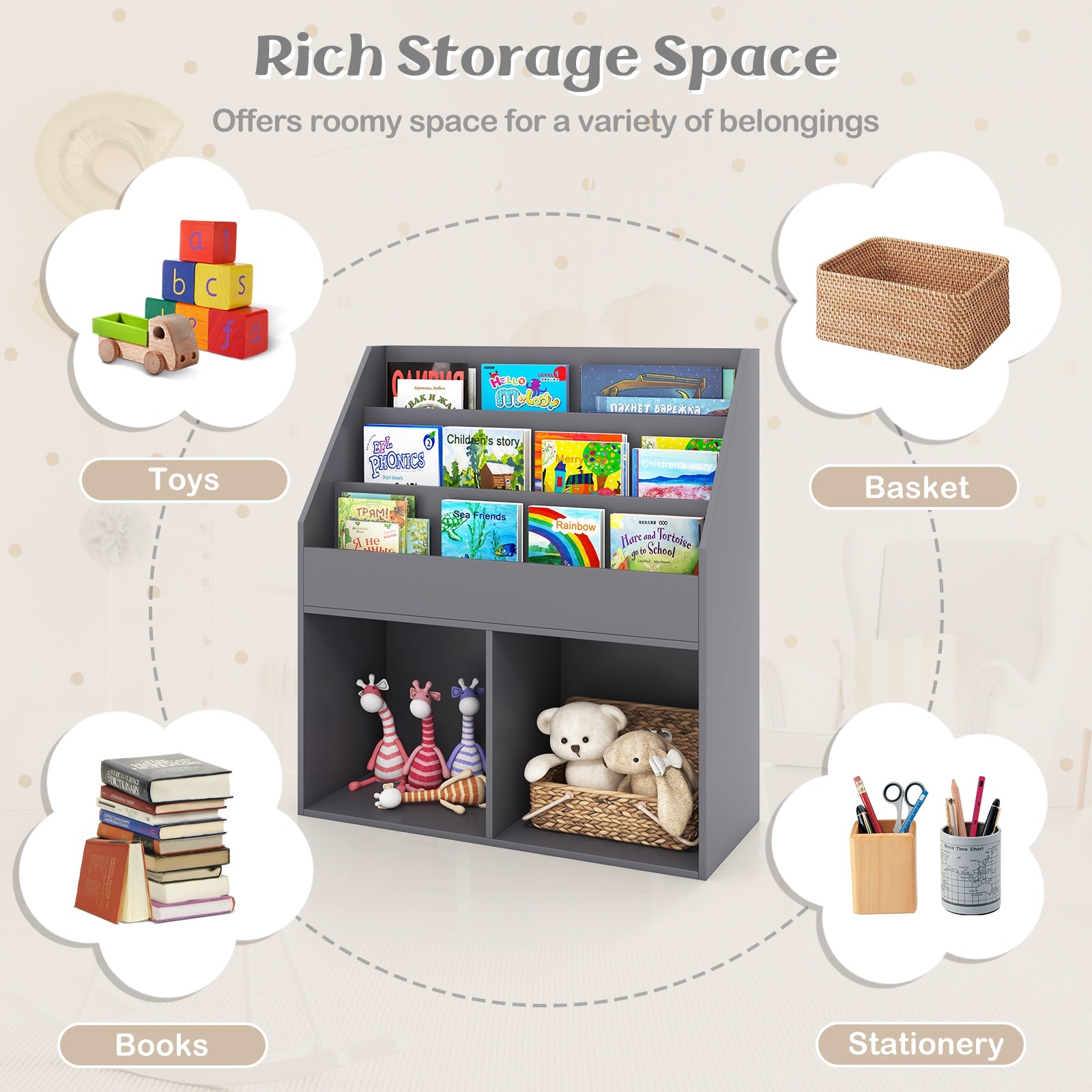 Kids Wooden Bookshelf, Toy Storage Cabinet, Gray Kids Storage at Gallery Canada