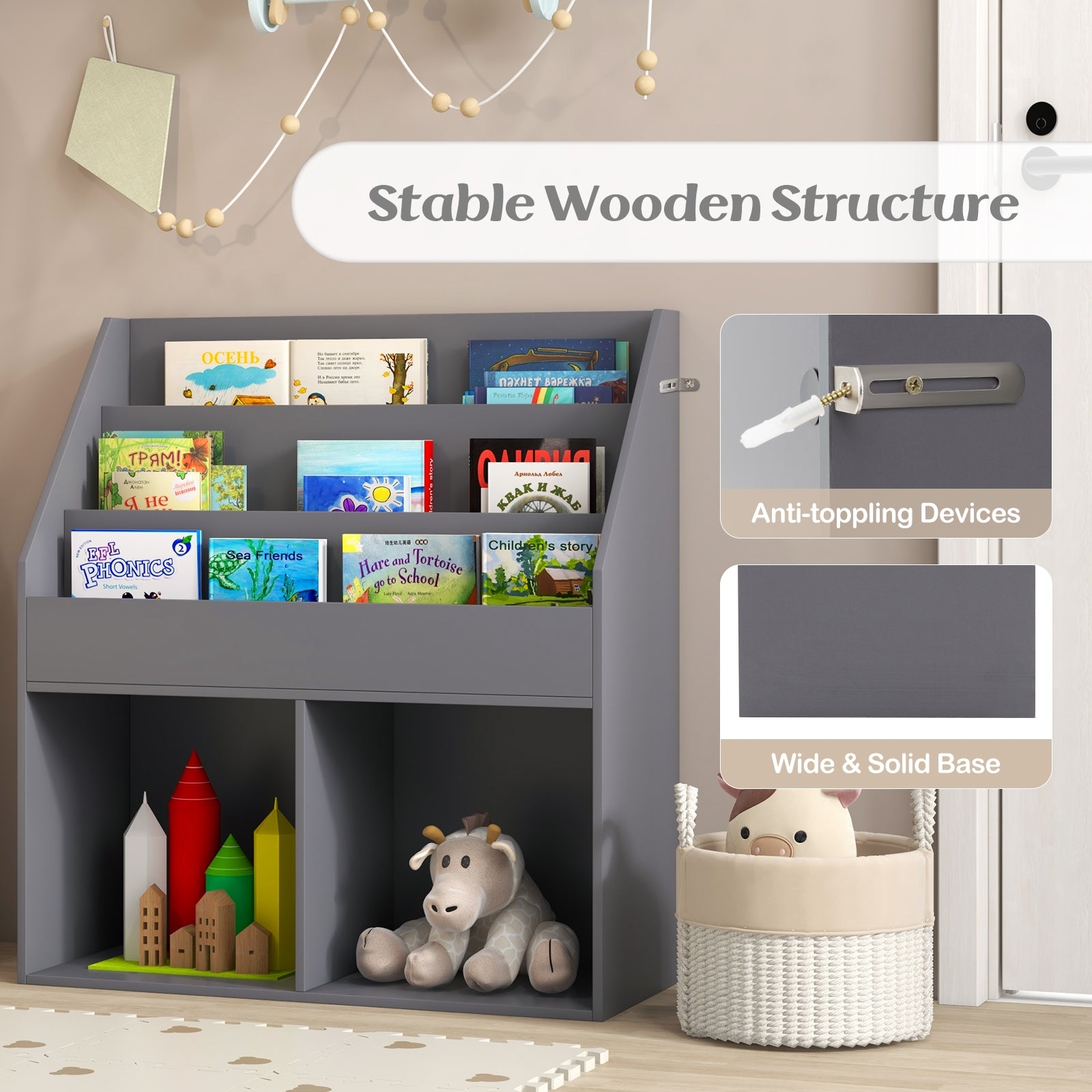 Kids Wooden Bookshelf, Toy Storage Cabinet, Gray Kids Storage at Gallery Canada