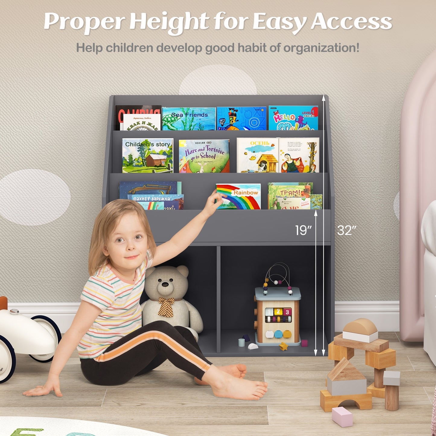 Kids Wooden Bookshelf, Toy Storage Cabinet, Gray Kids Storage at Gallery Canada