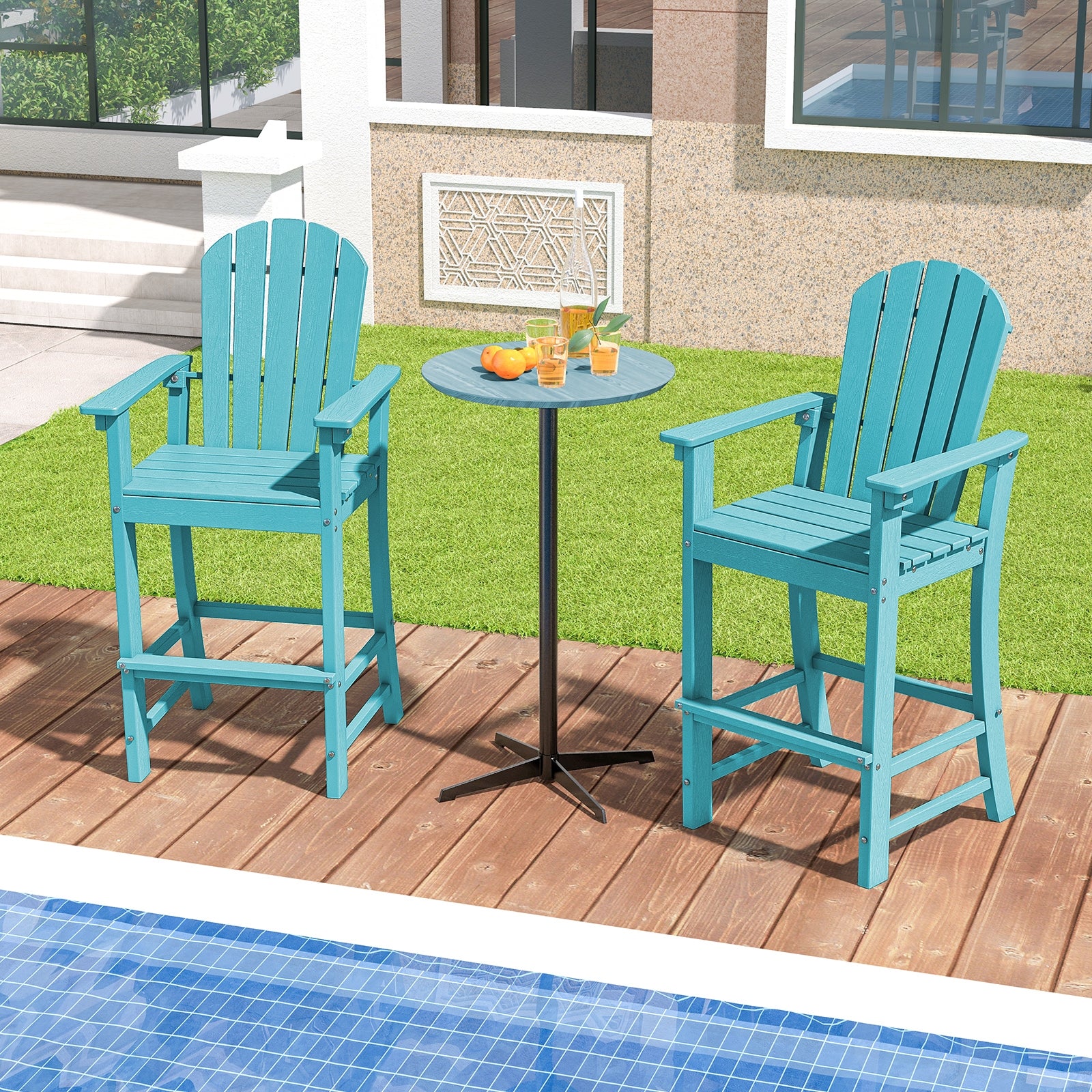 30 Inches Counter Height Outdoor HDPE Bar Stool, Armrests Footrest, Turquoise Patio Bar Furniture at Gallery Canada